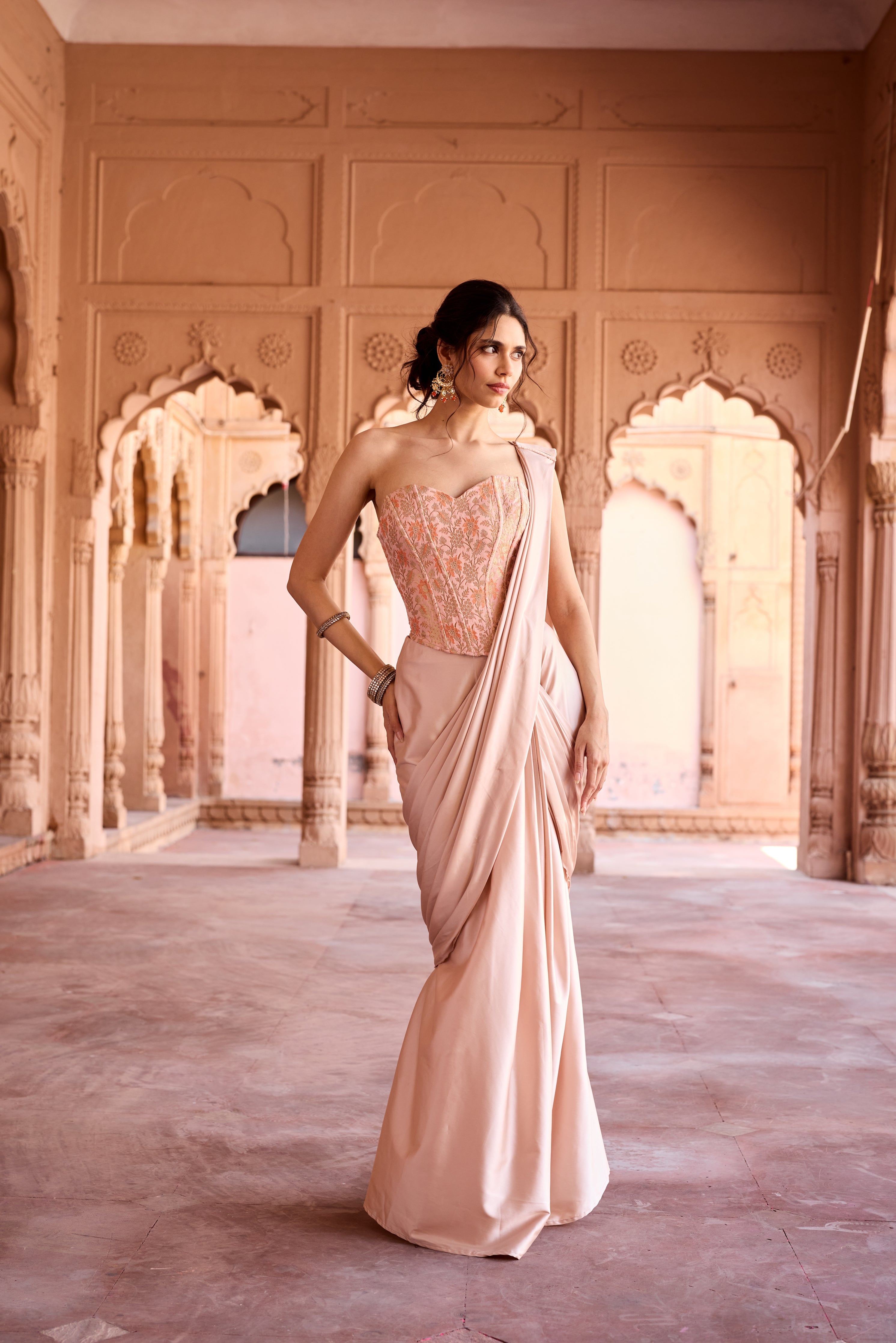 Siham champagne Floral Corset Pre-Stitched Saree