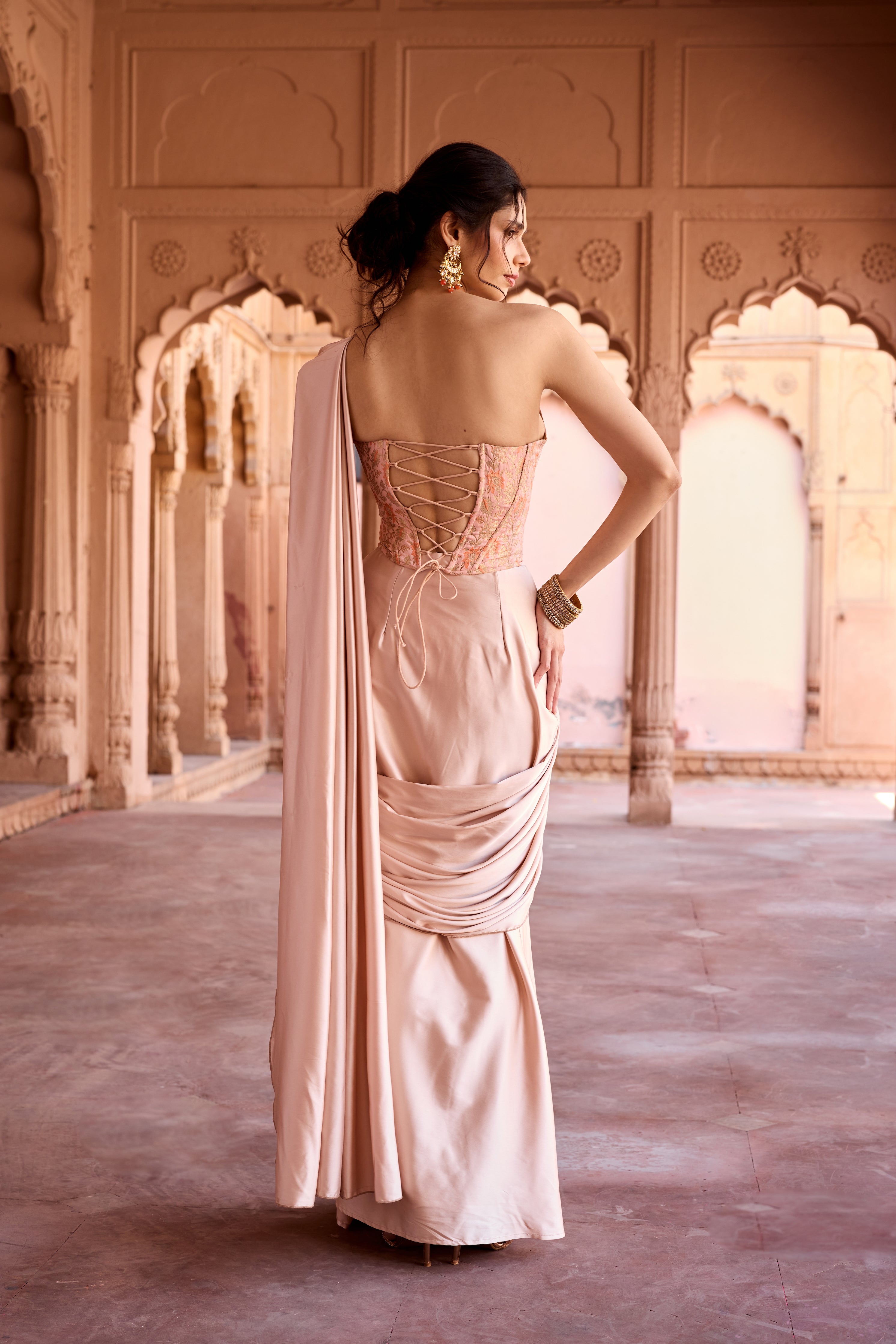 Siham champagne Floral Corset Pre-Stitched Saree