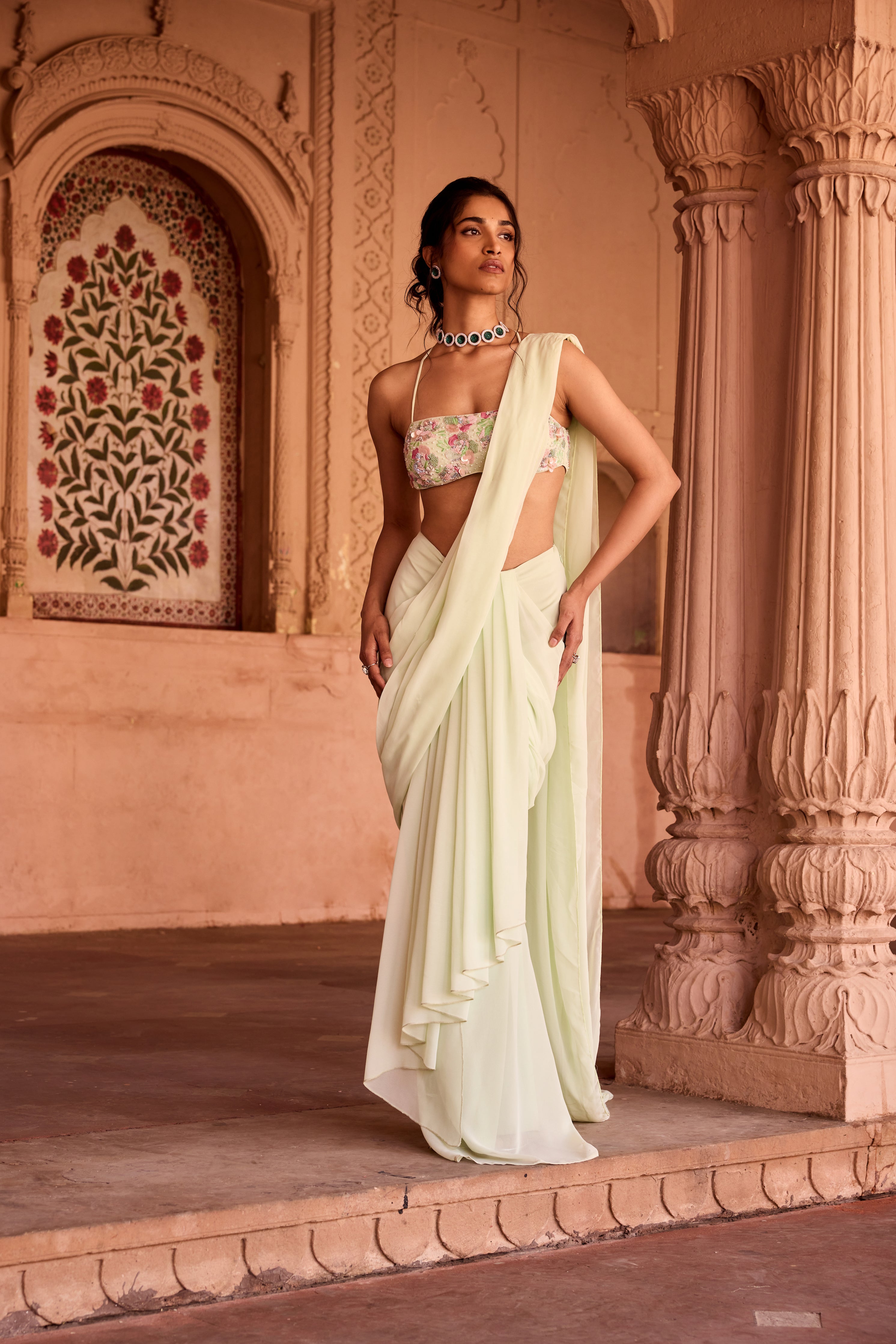 Yasira Pastel Green Georgette Pre-Stitched Saree