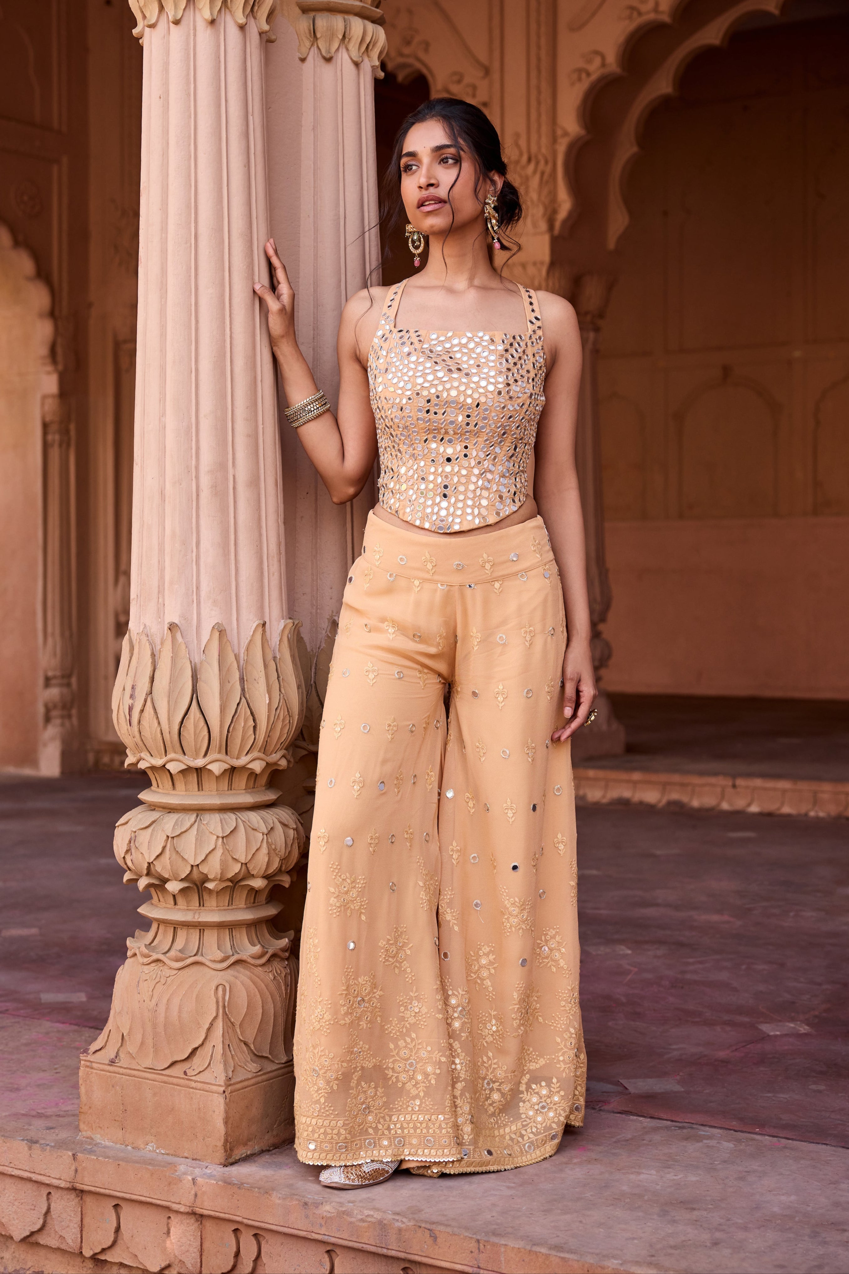 Zulaikha Buff Orange Embroidered Sharara Set