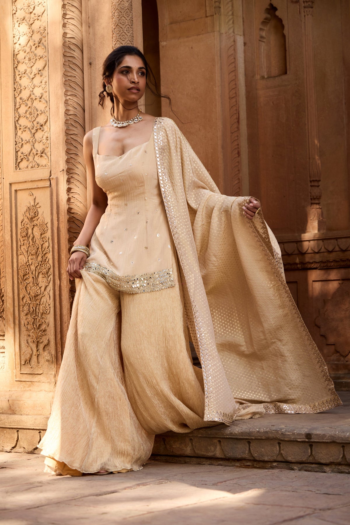 Rumaisa Golden Sleeveless Embroidered Sharara Set