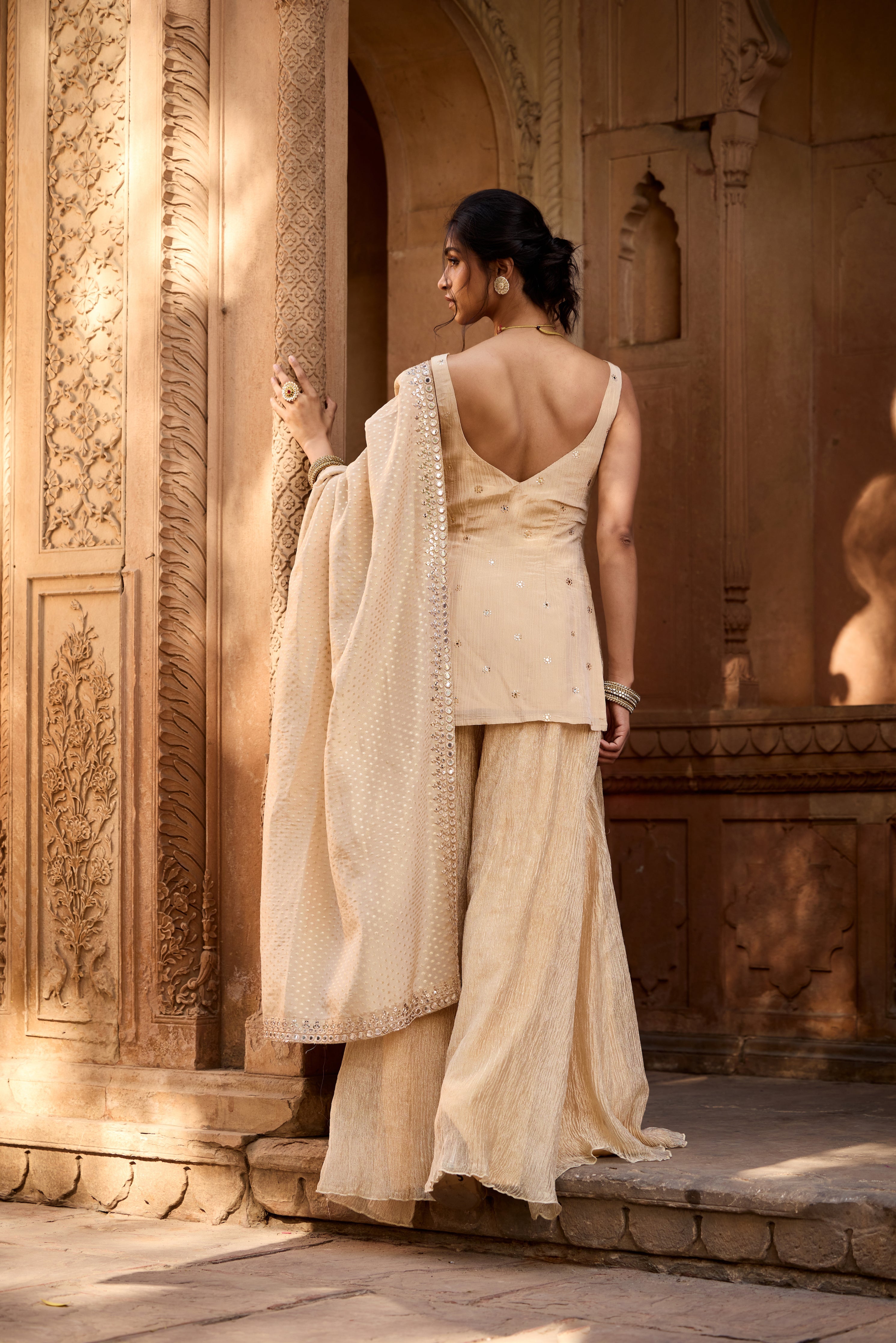 Rumaisa Golden Sleeveless Embroidered Sharara Set