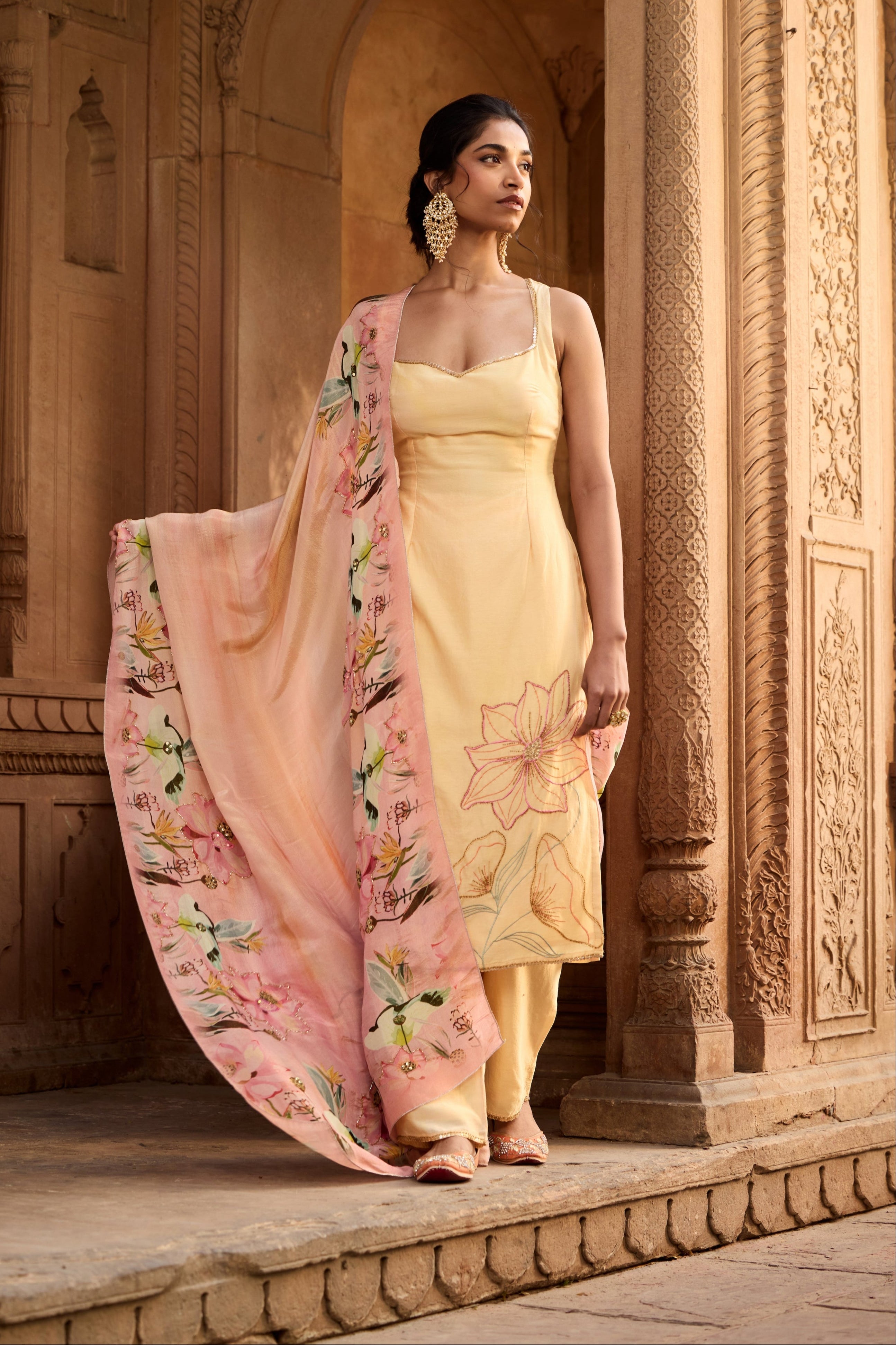 Shahida Yellow+Blush Chanderi Kurta Set