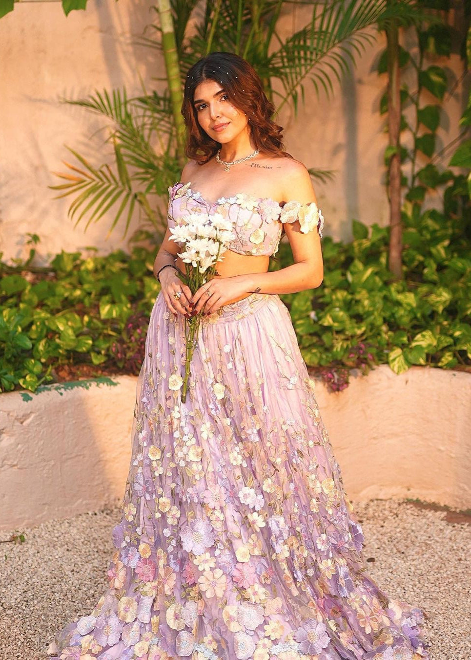 Sayeda lavender lehenga set with exquisite 3-D floral embroidery for a stunning and elegant look