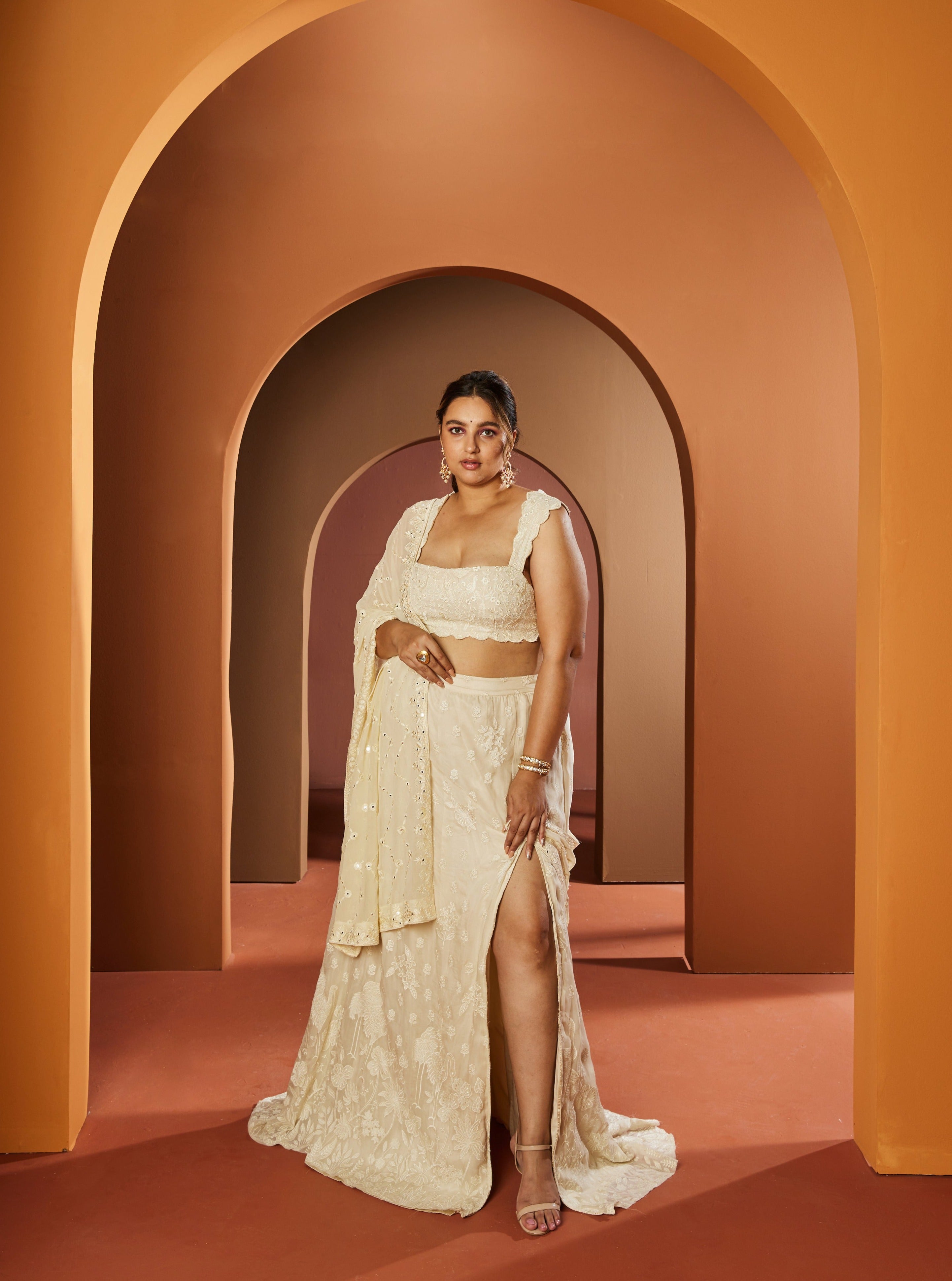 Shop Ivory Embroidered Slit Lehenga Online