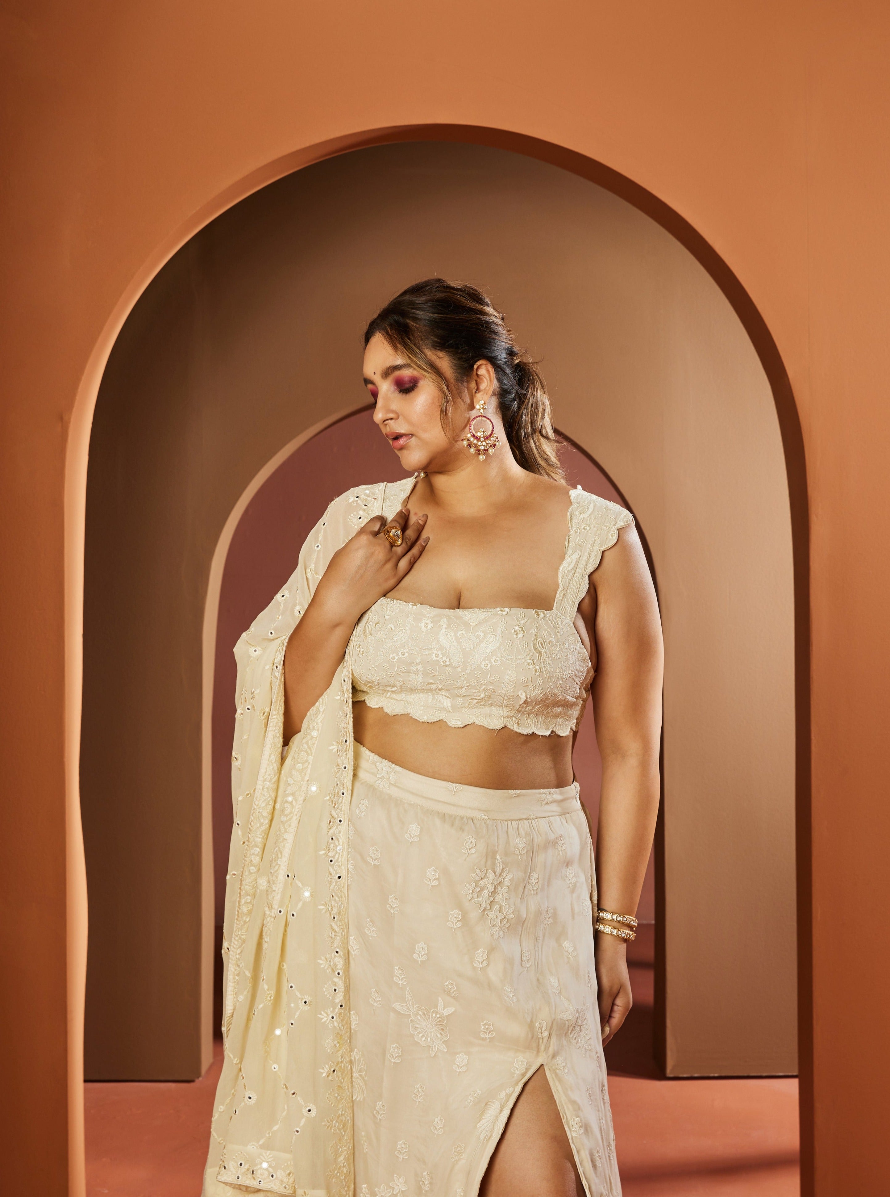 Shop Ivory Embroidered Slit Lehenga Online