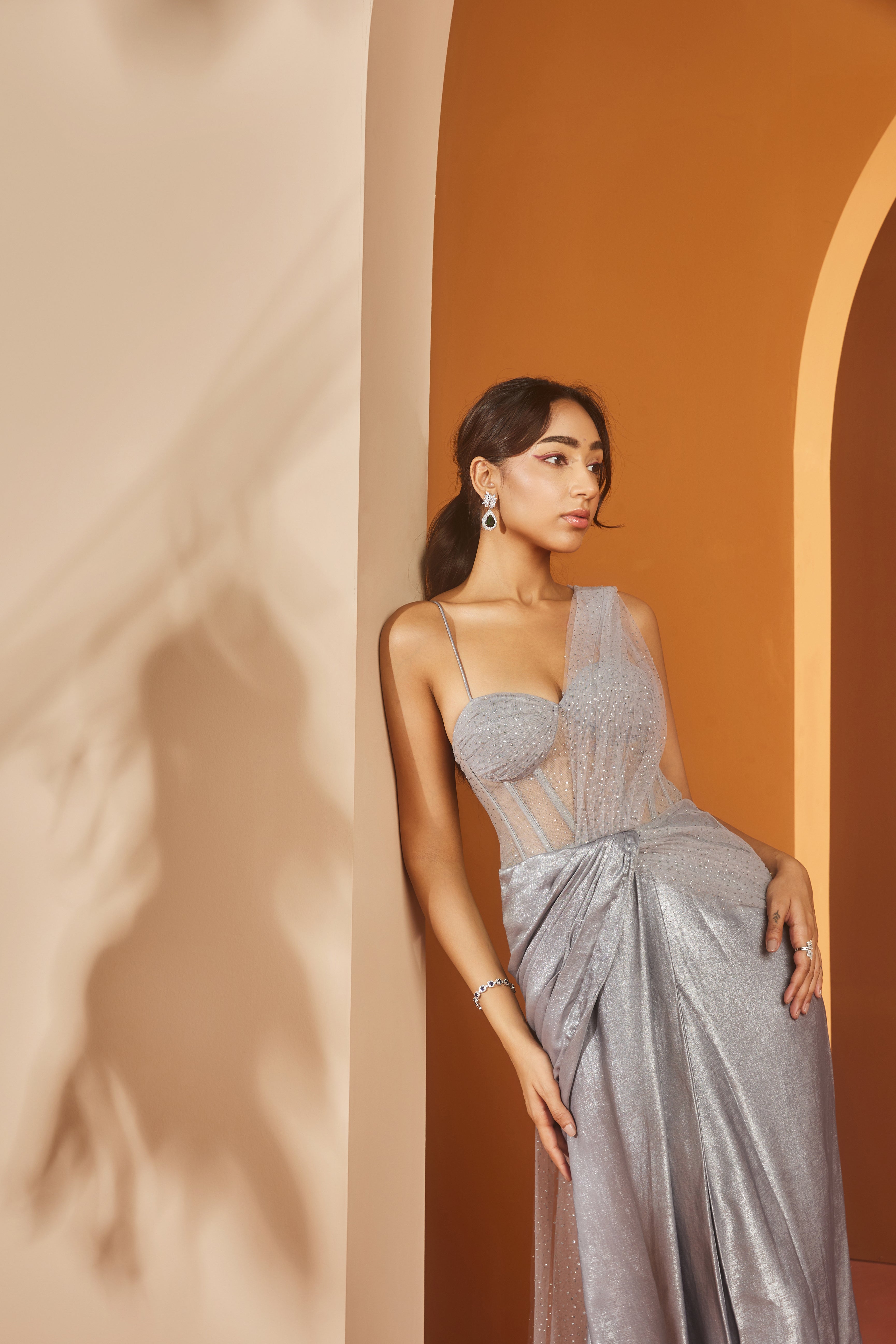Faizah Grey Glitter Georgette One- Piece Saree Set