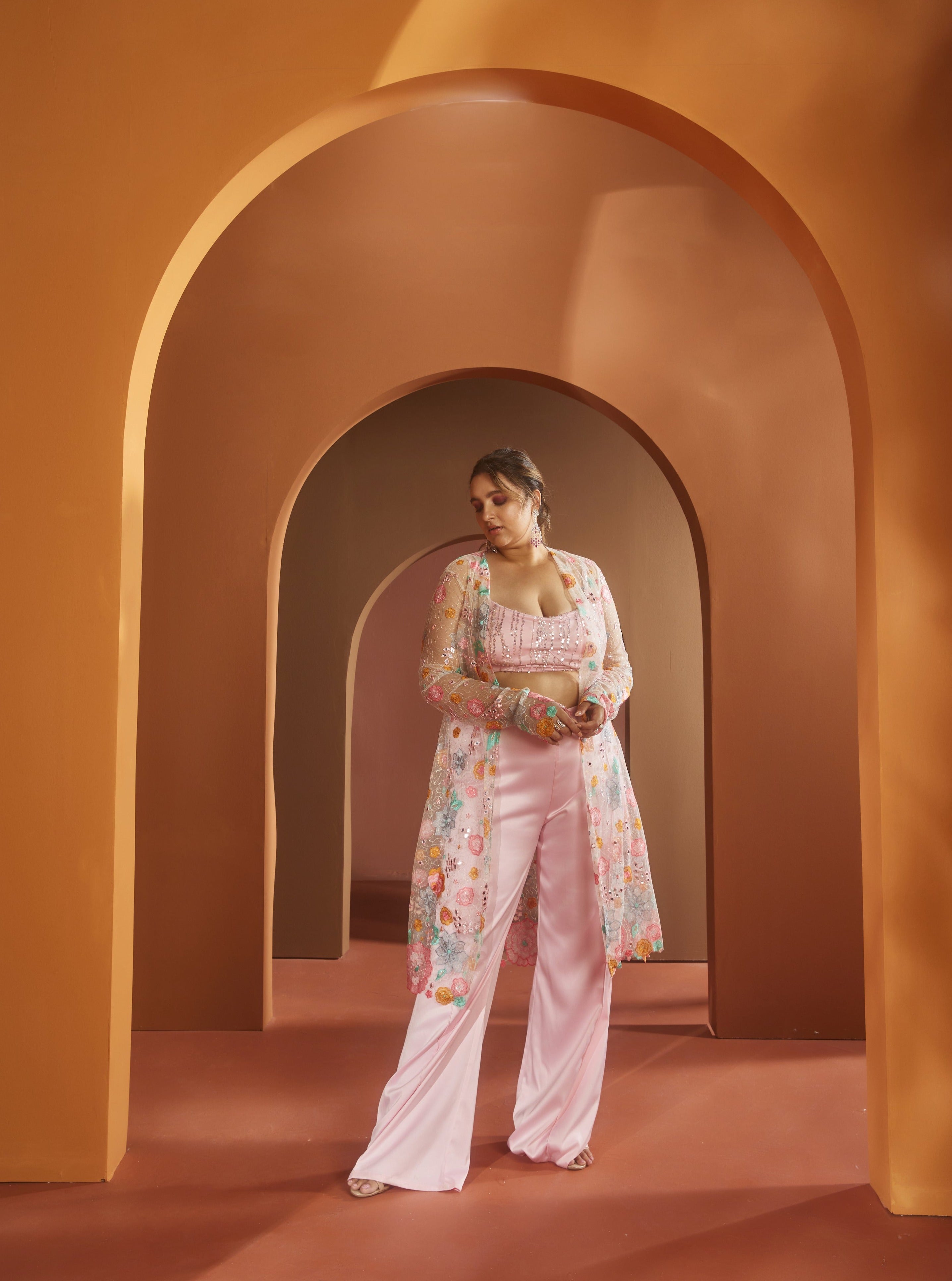 Buy Baby Pink Satin Floral Embroidery Coord Set