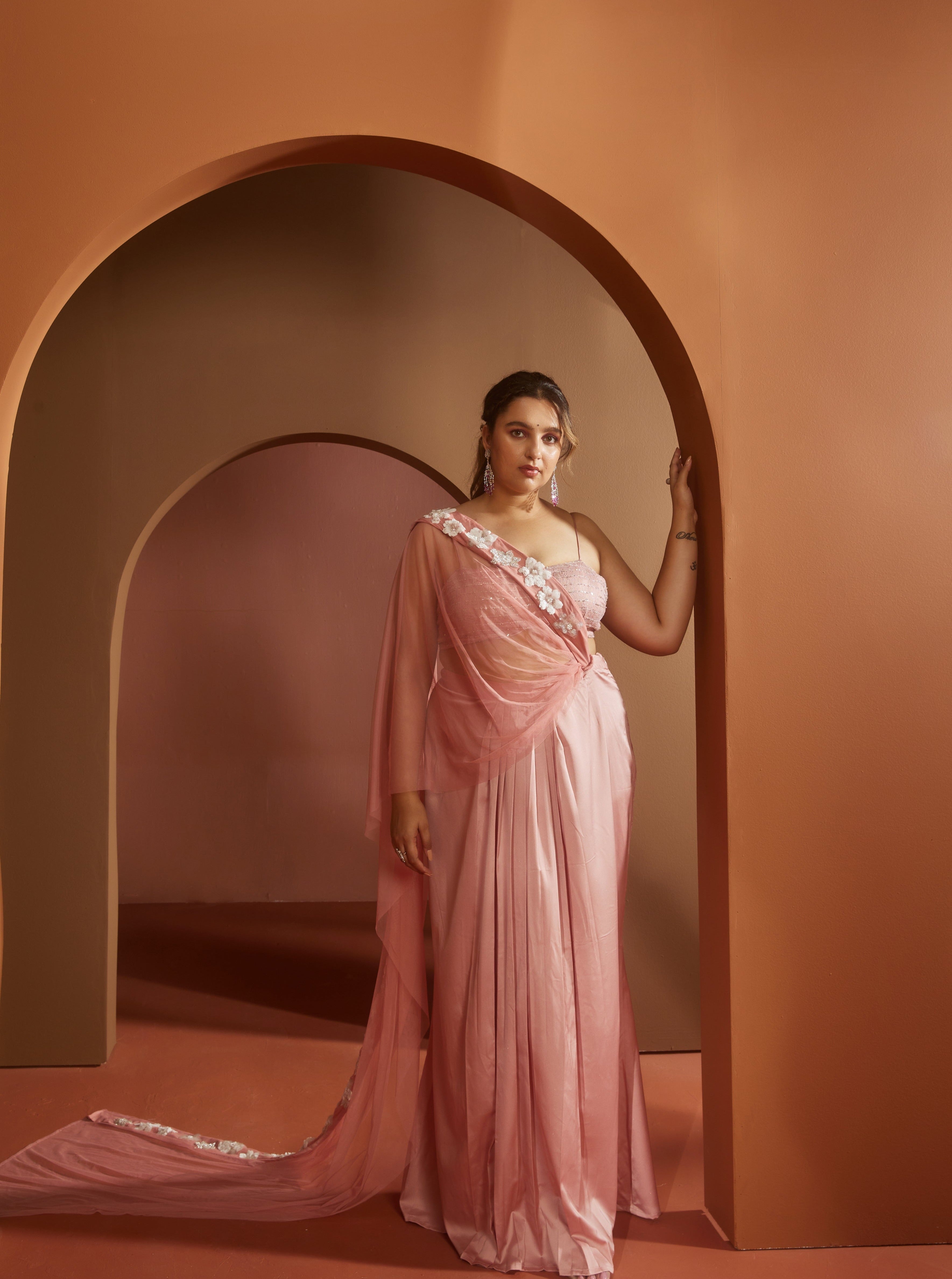 Pink 3D Flower Saree Set