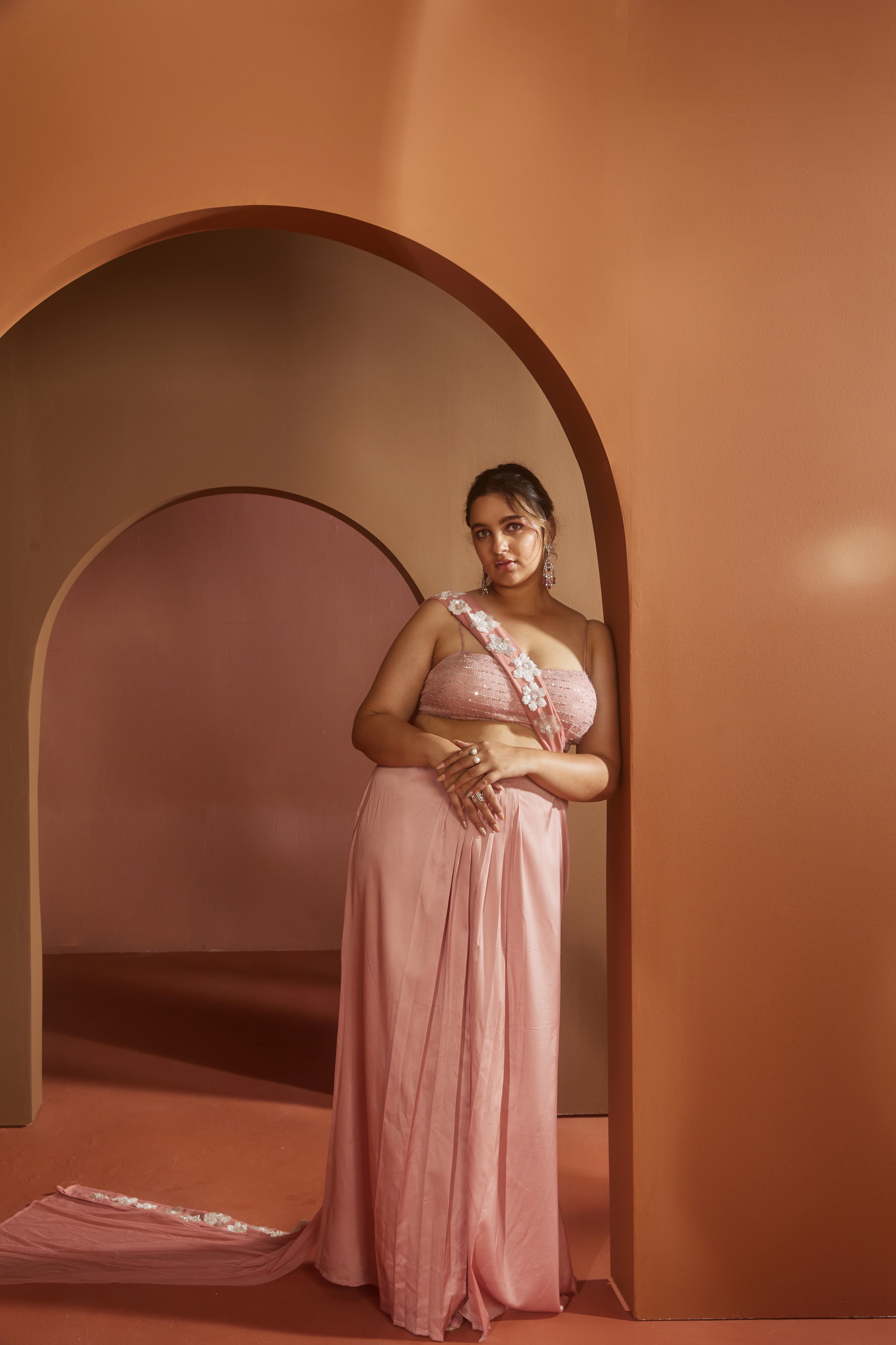 Pink 3D Flower Saree Set
