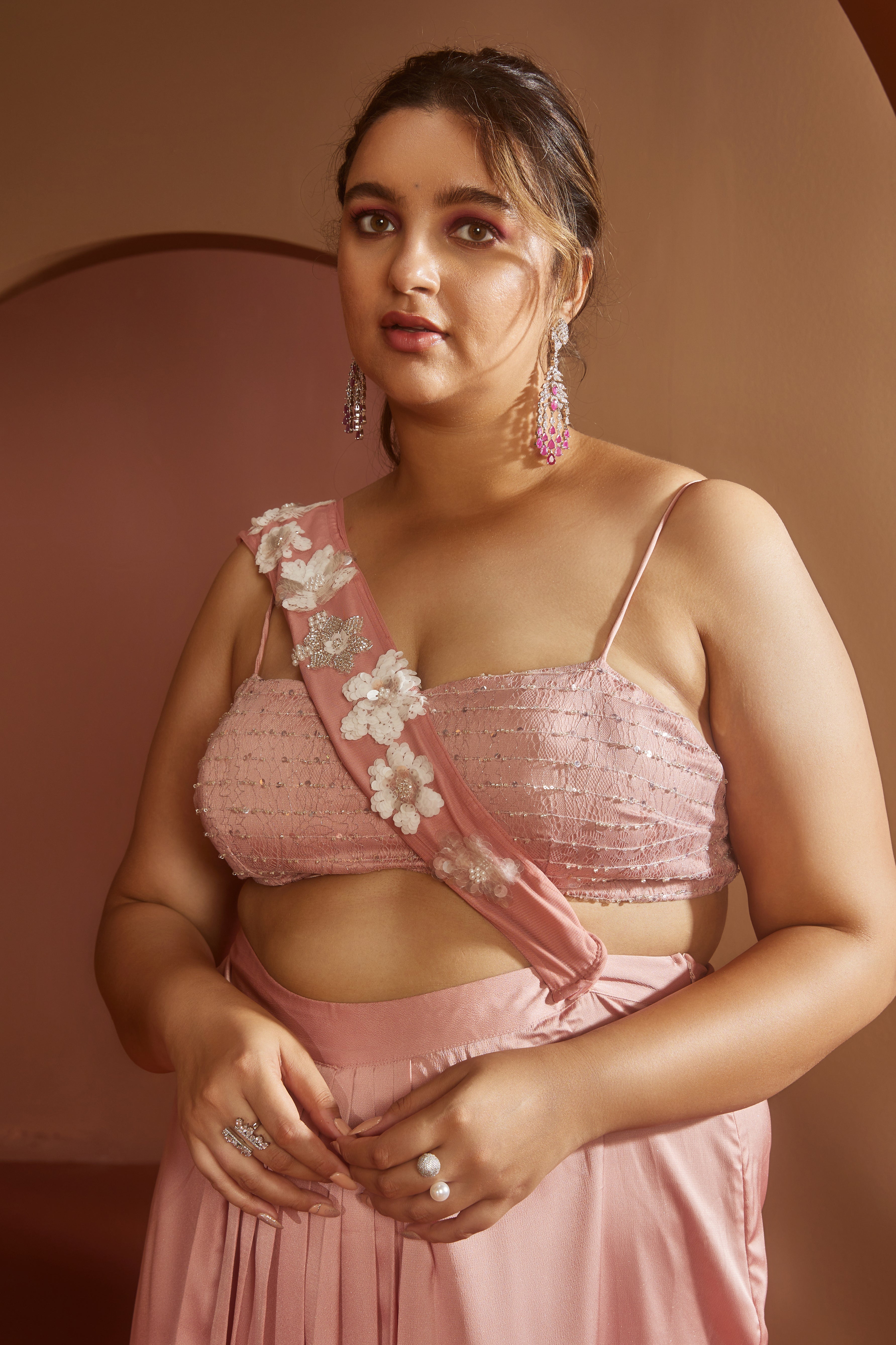 Pink 3D Flower Saree Set