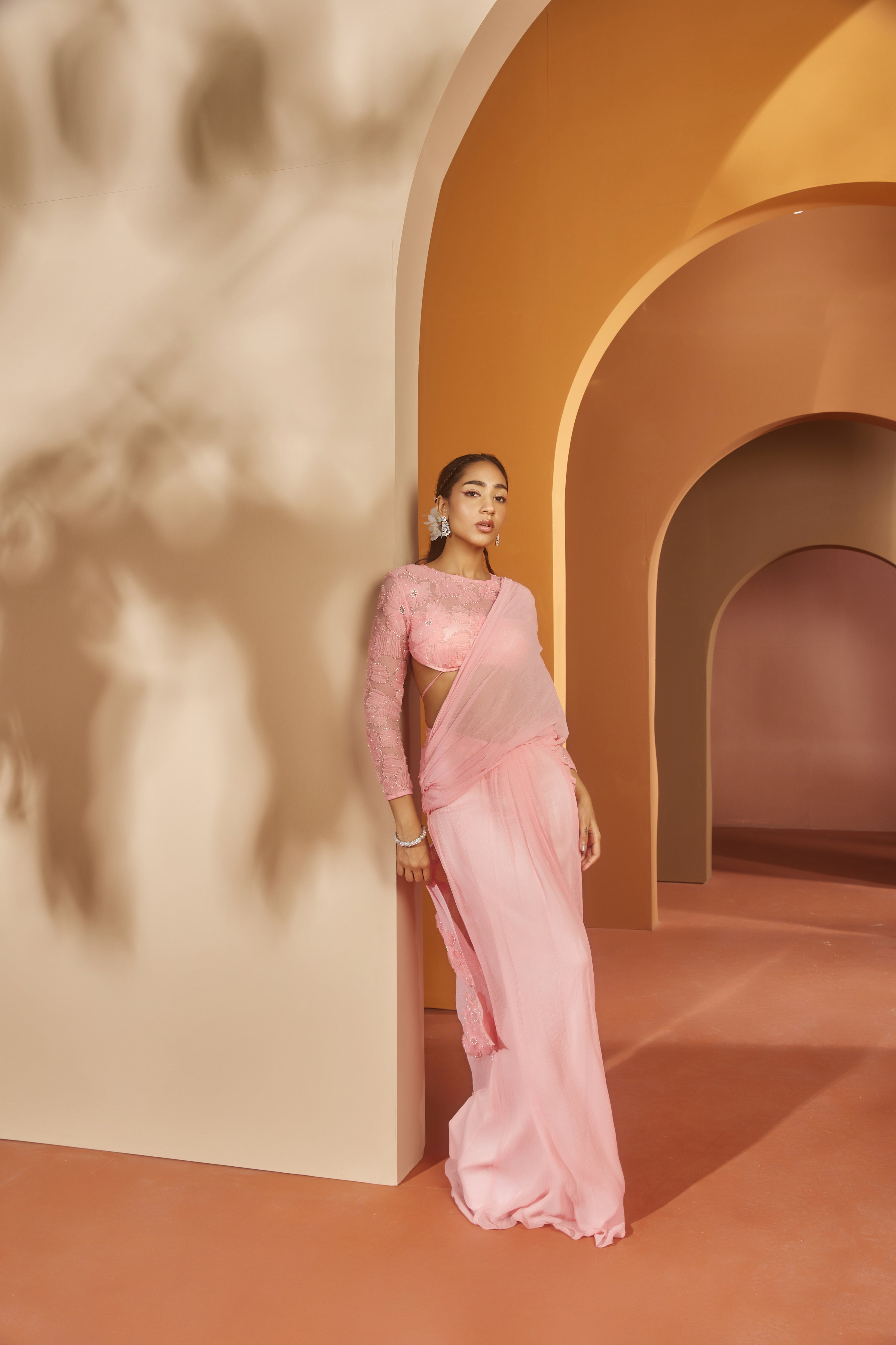 Pink Flower Embroidery Pre- Draped Saree