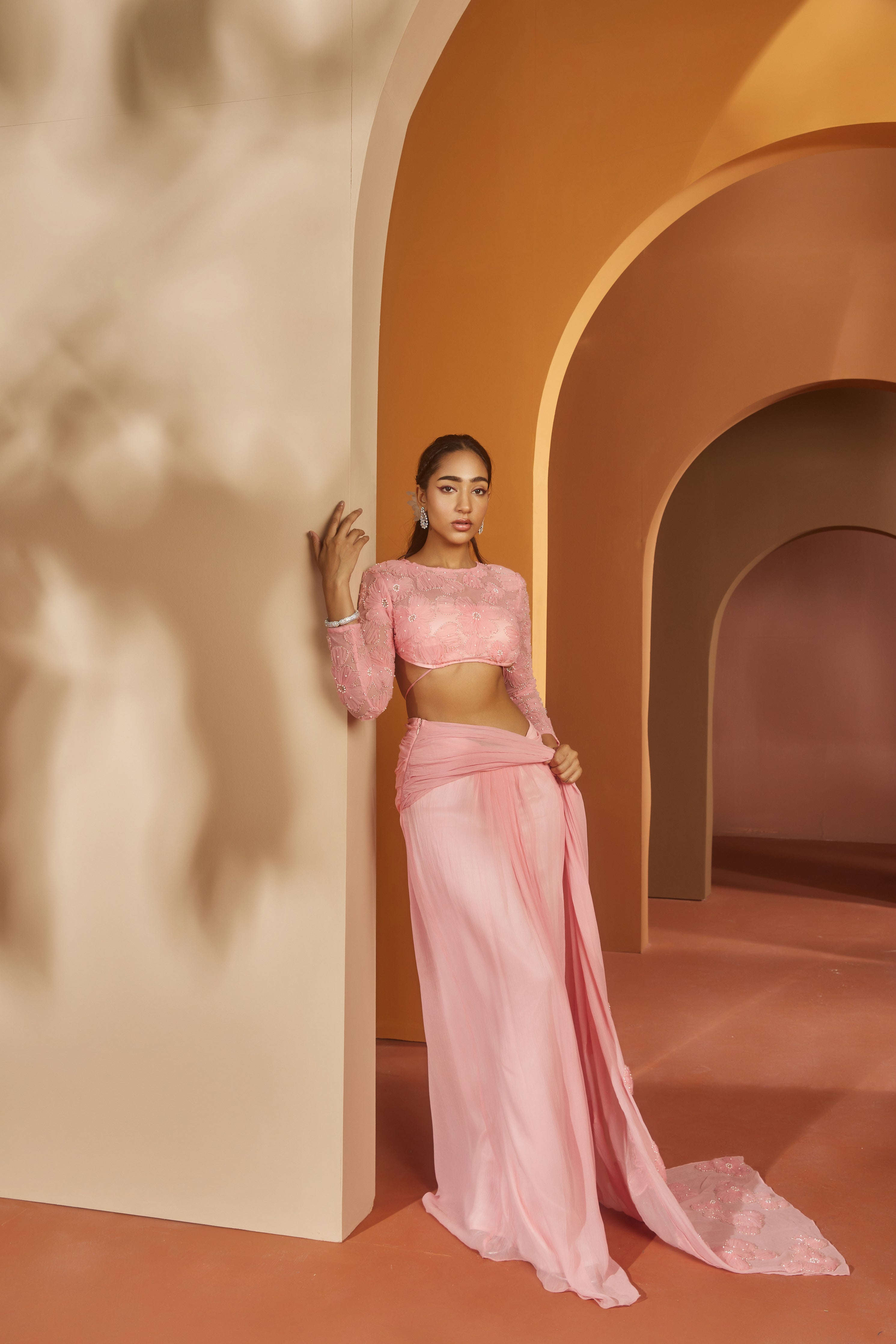 Pink Flower Embroidery Pre- Draped Saree