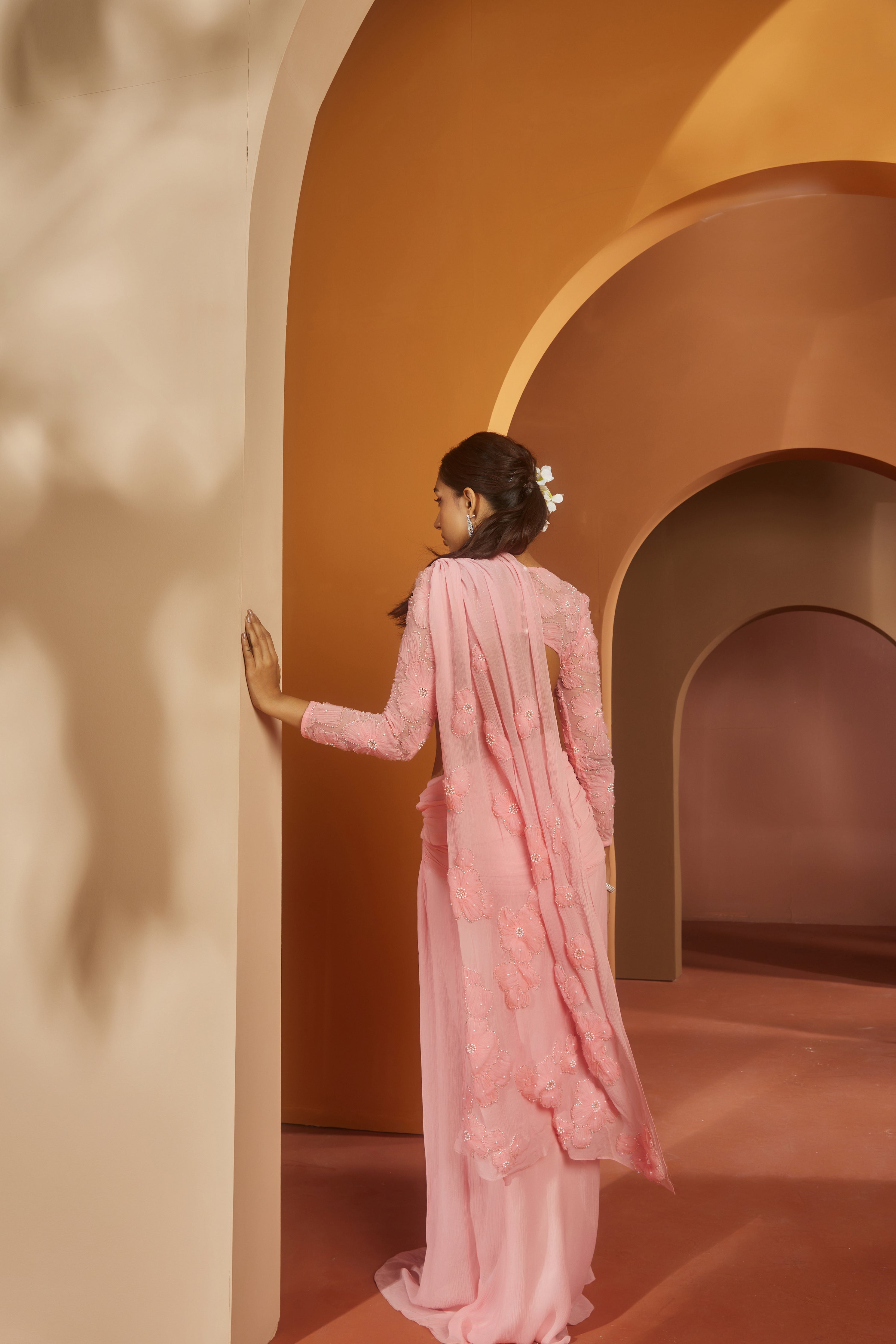 Pink Flower Embroidery Pre- Draped Saree