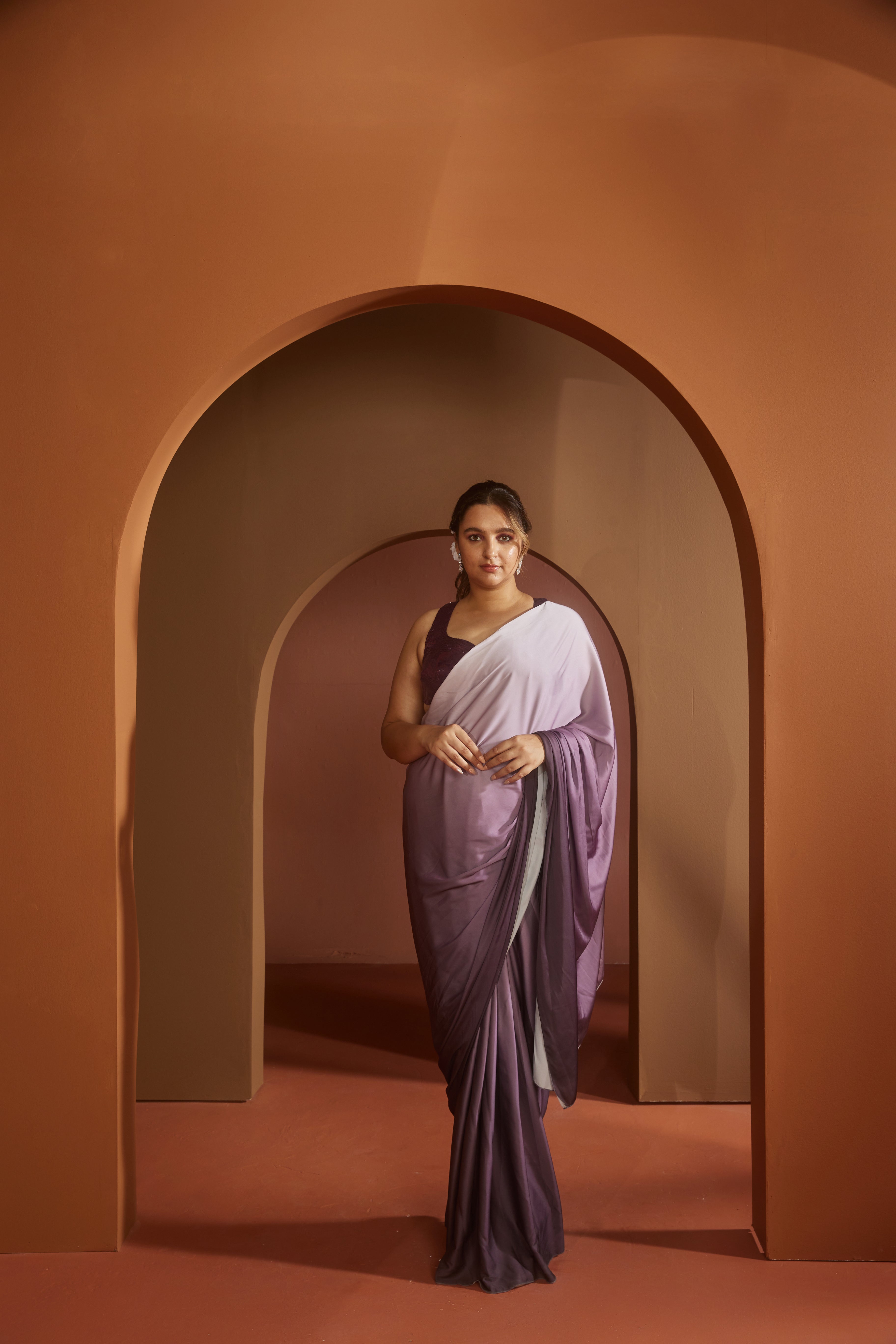 Purple Ombre Satin Saree Set
