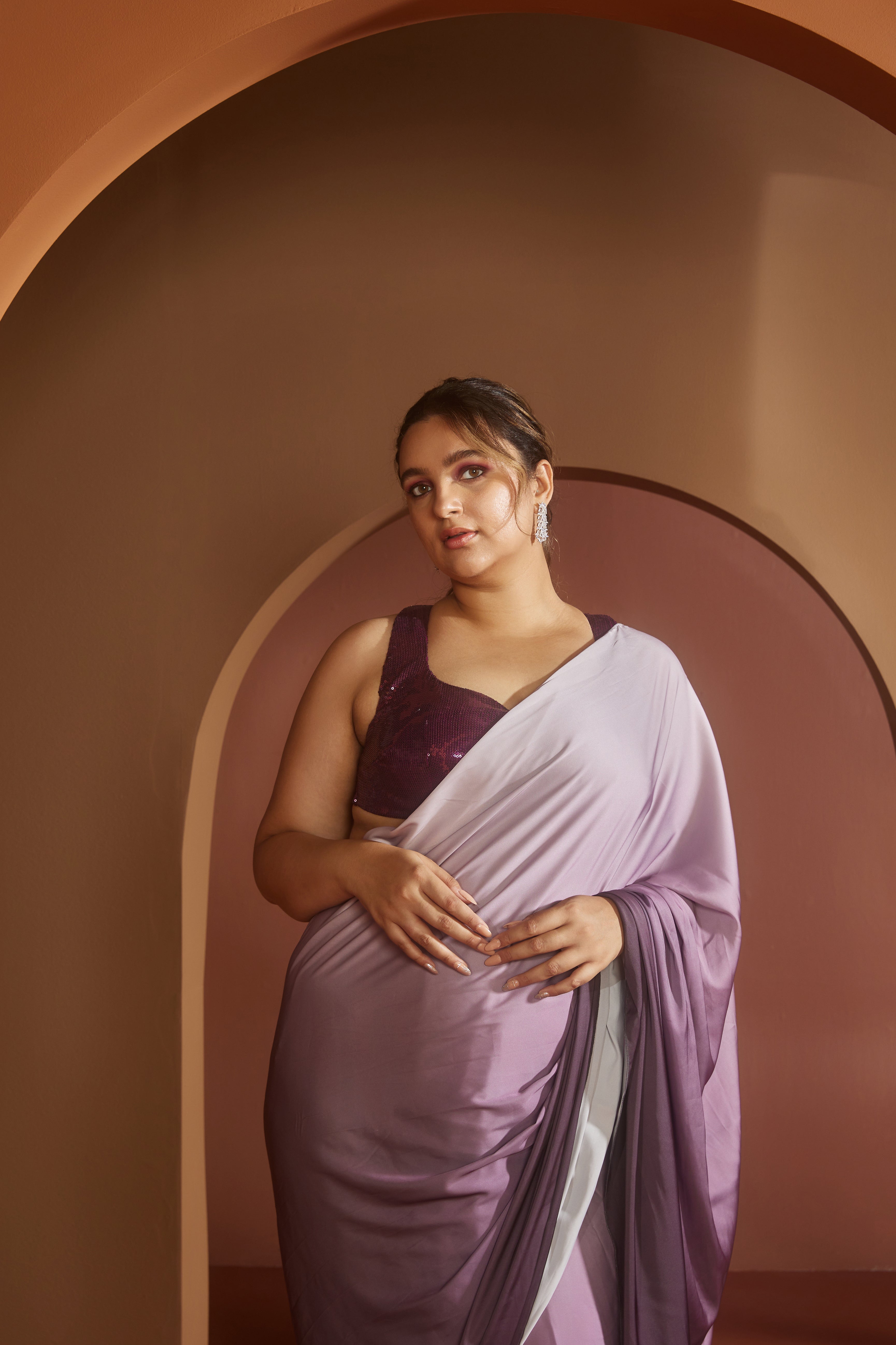 Purple Ombre Satin Saree Set