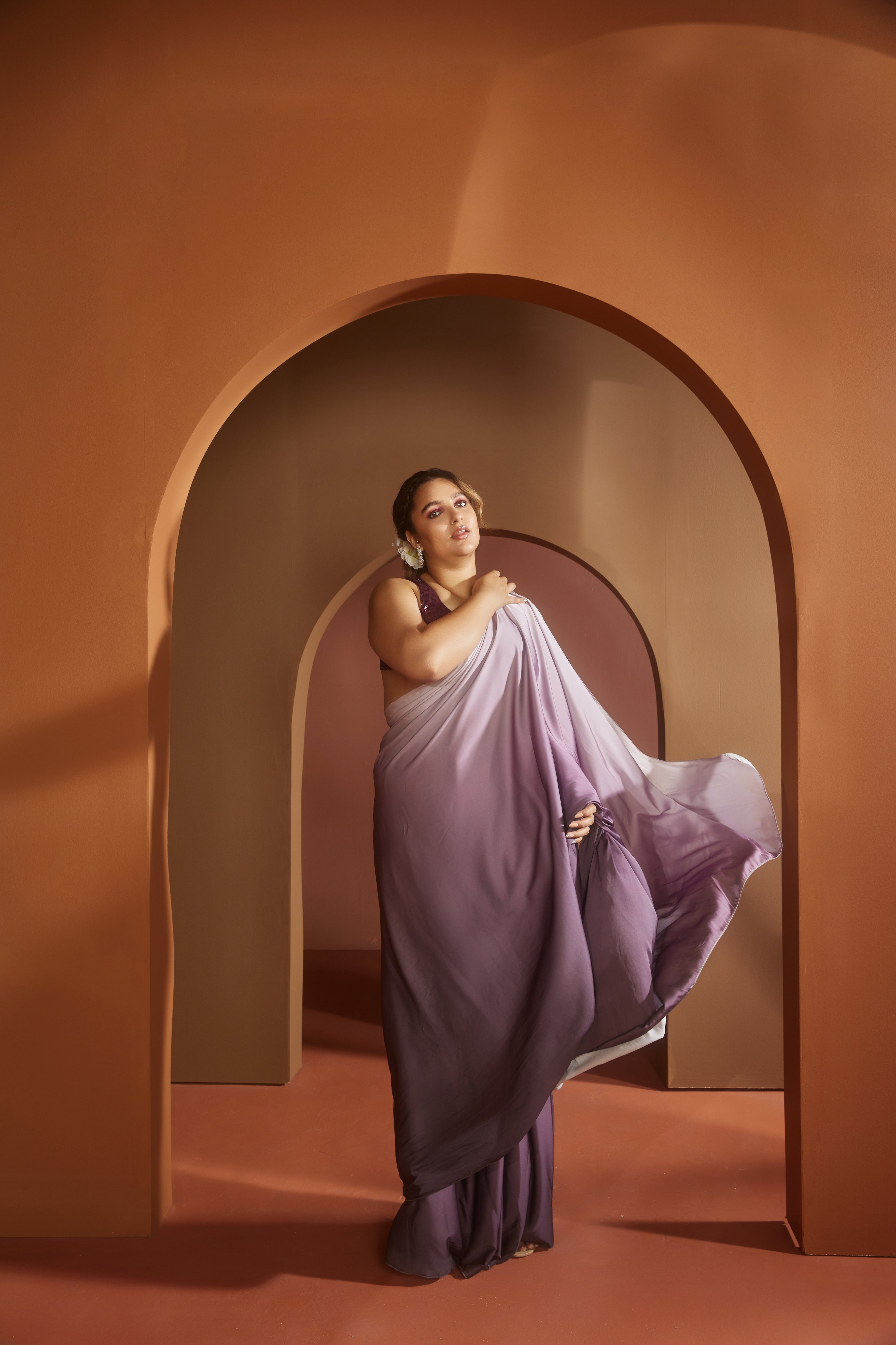 Purple Ombre Satin Saree Set