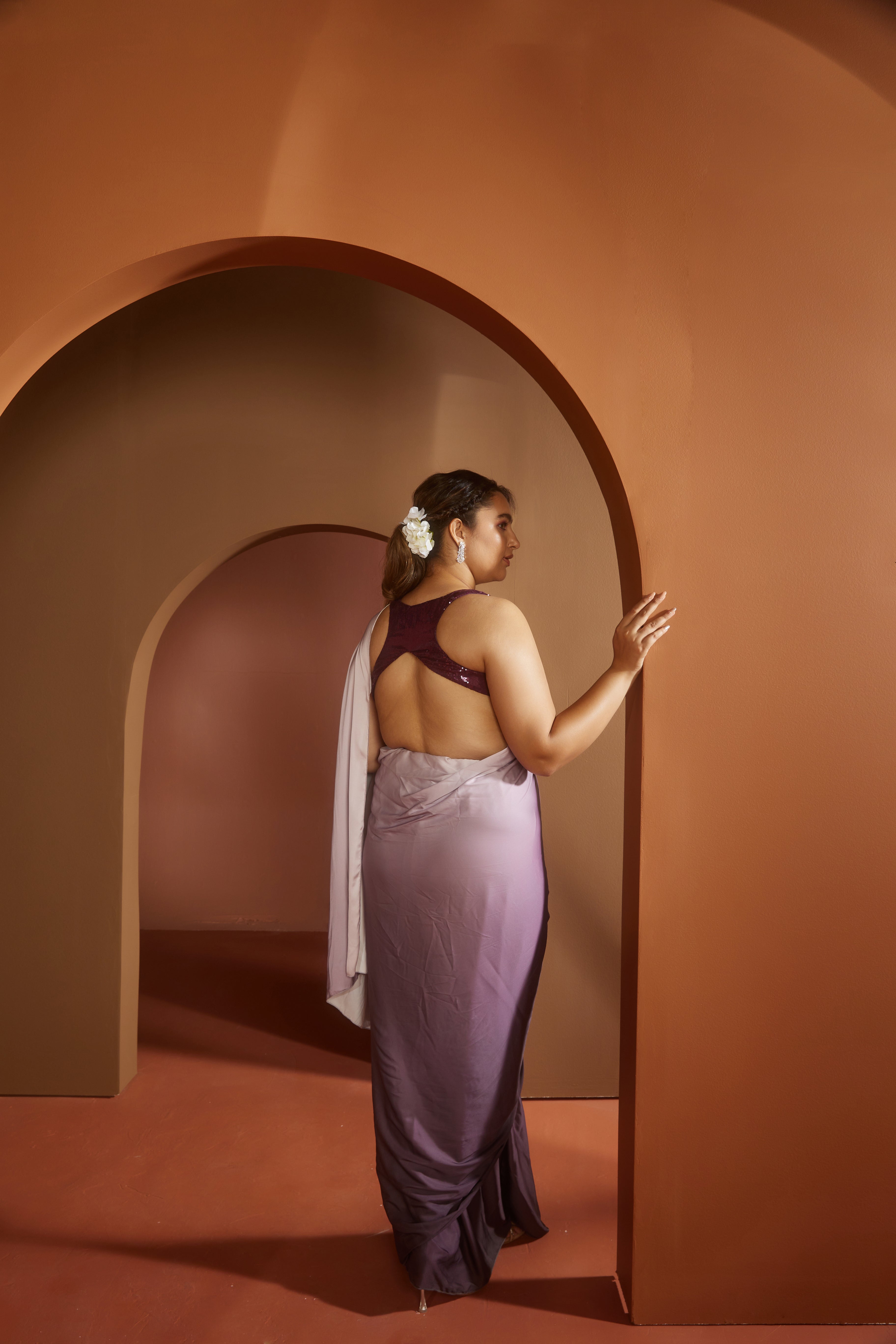 Purple Ombre Satin Saree Set