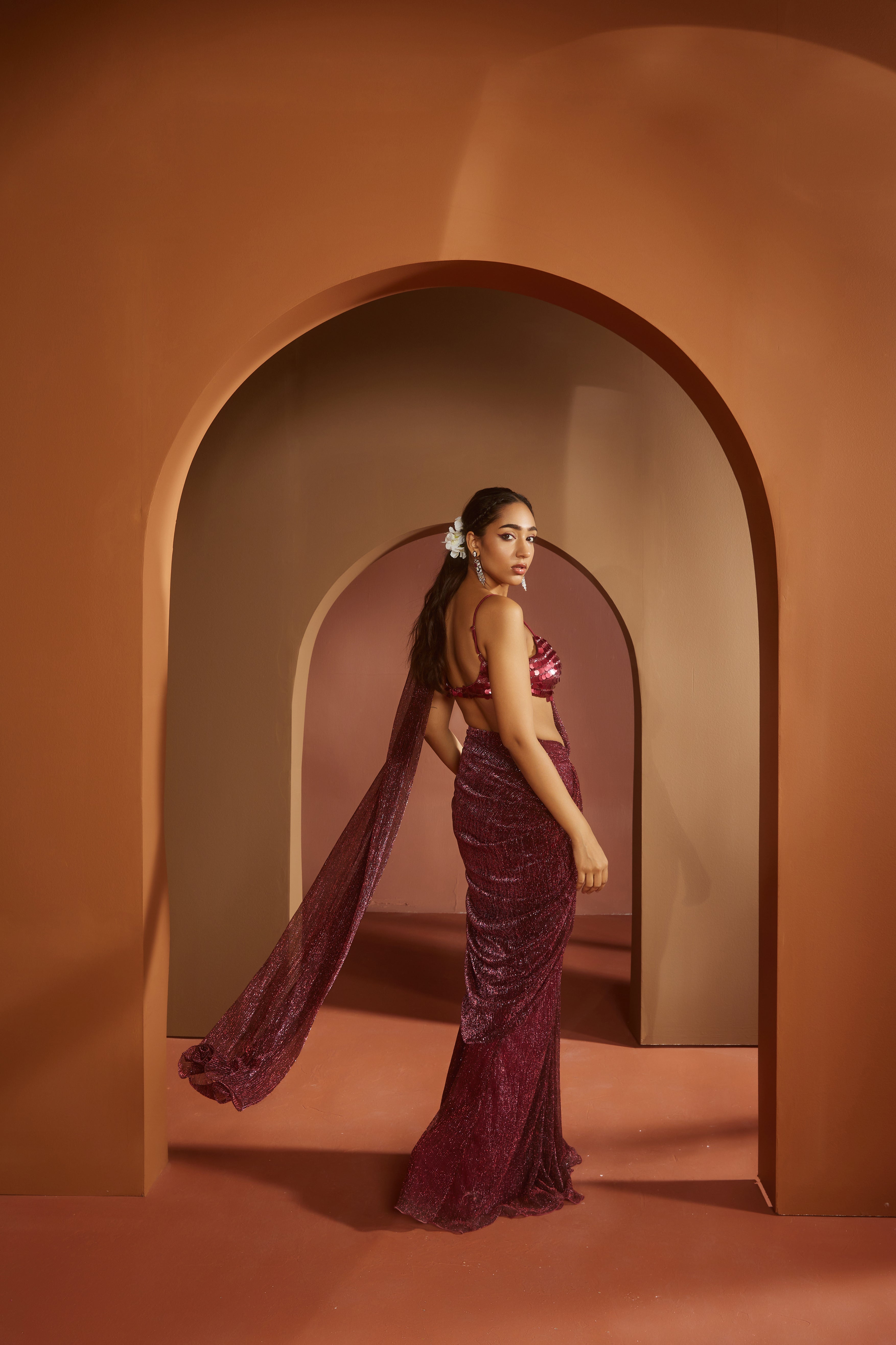 Maroon Shimmer Pre- Draped Saree