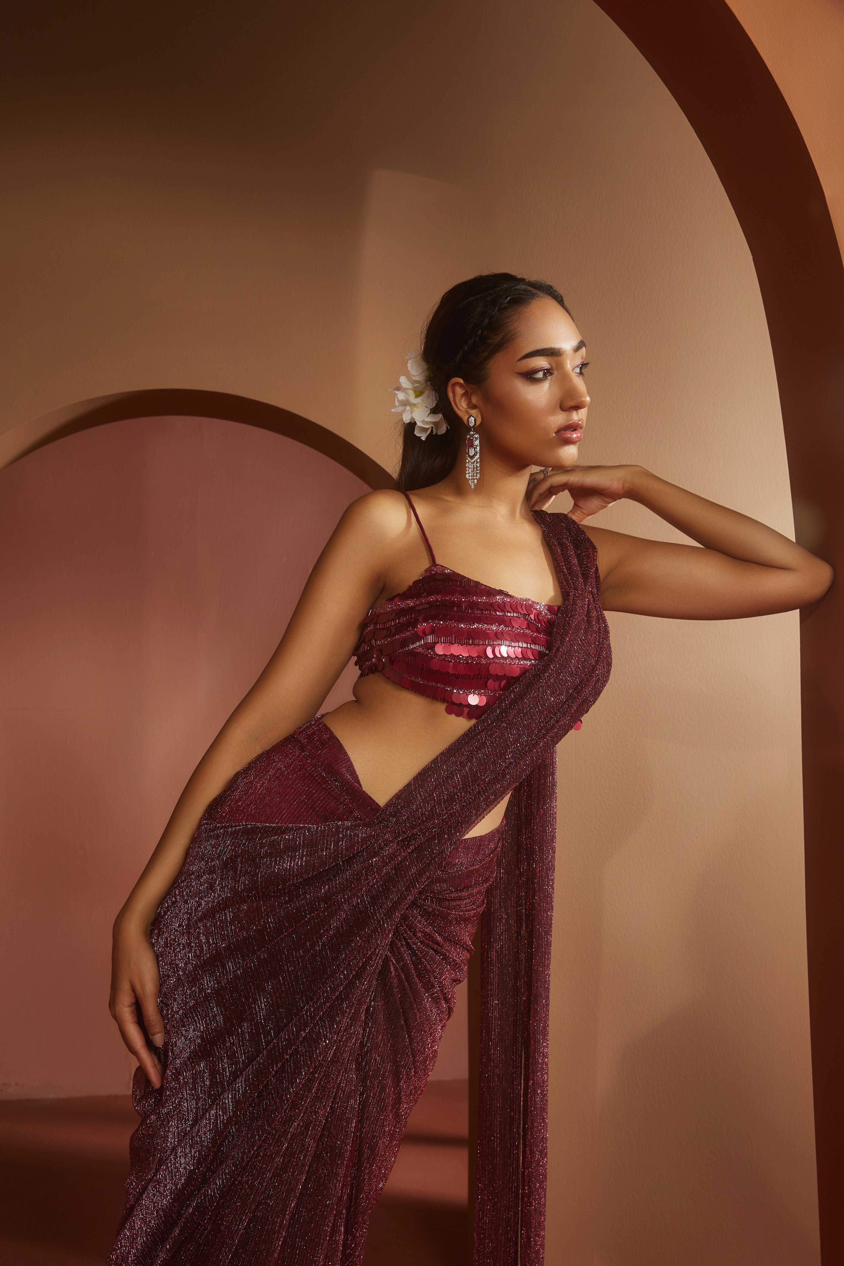 Maroon Shimmer Pre- Draped Saree