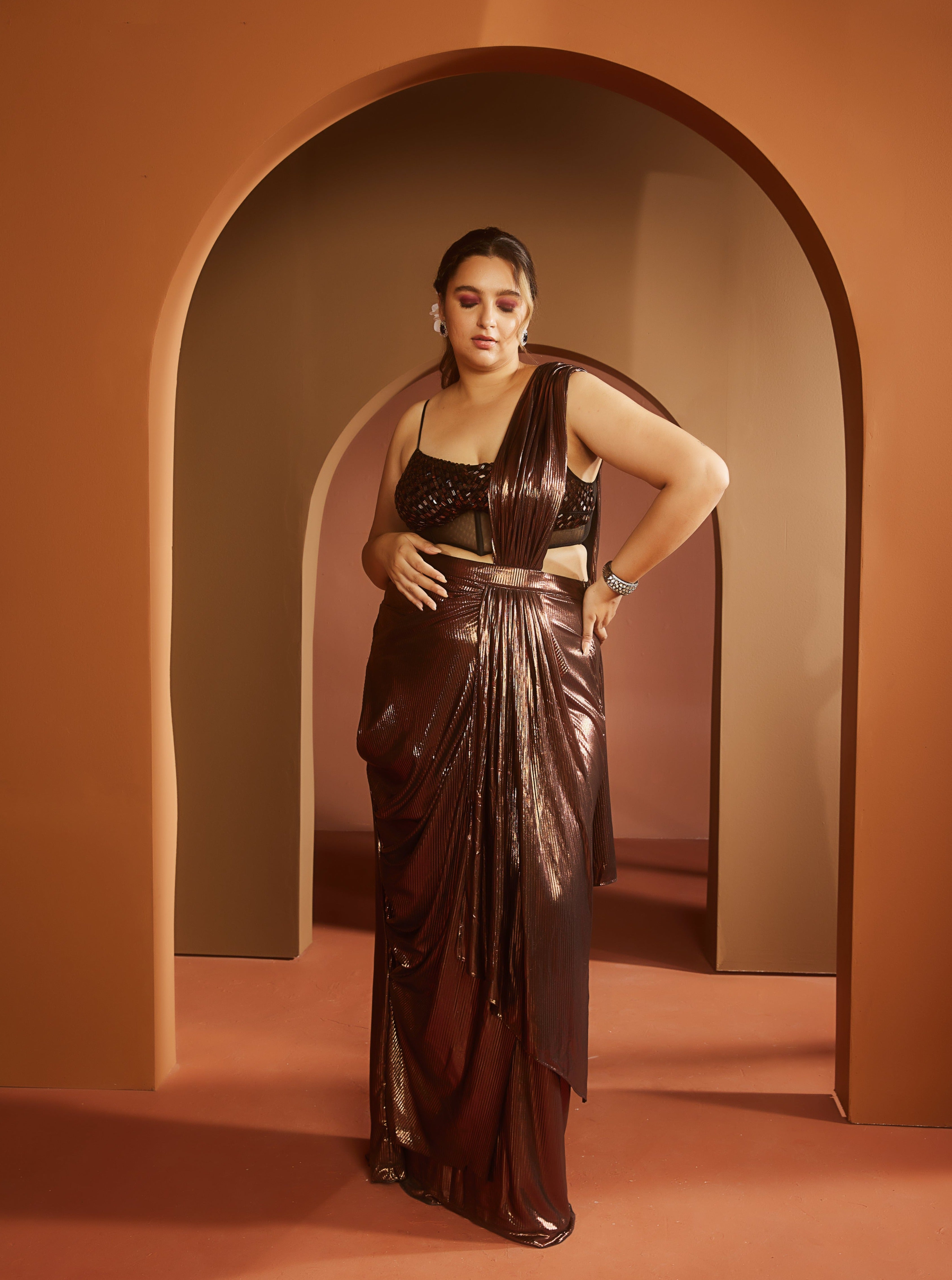 Brown Metallic Saree Set