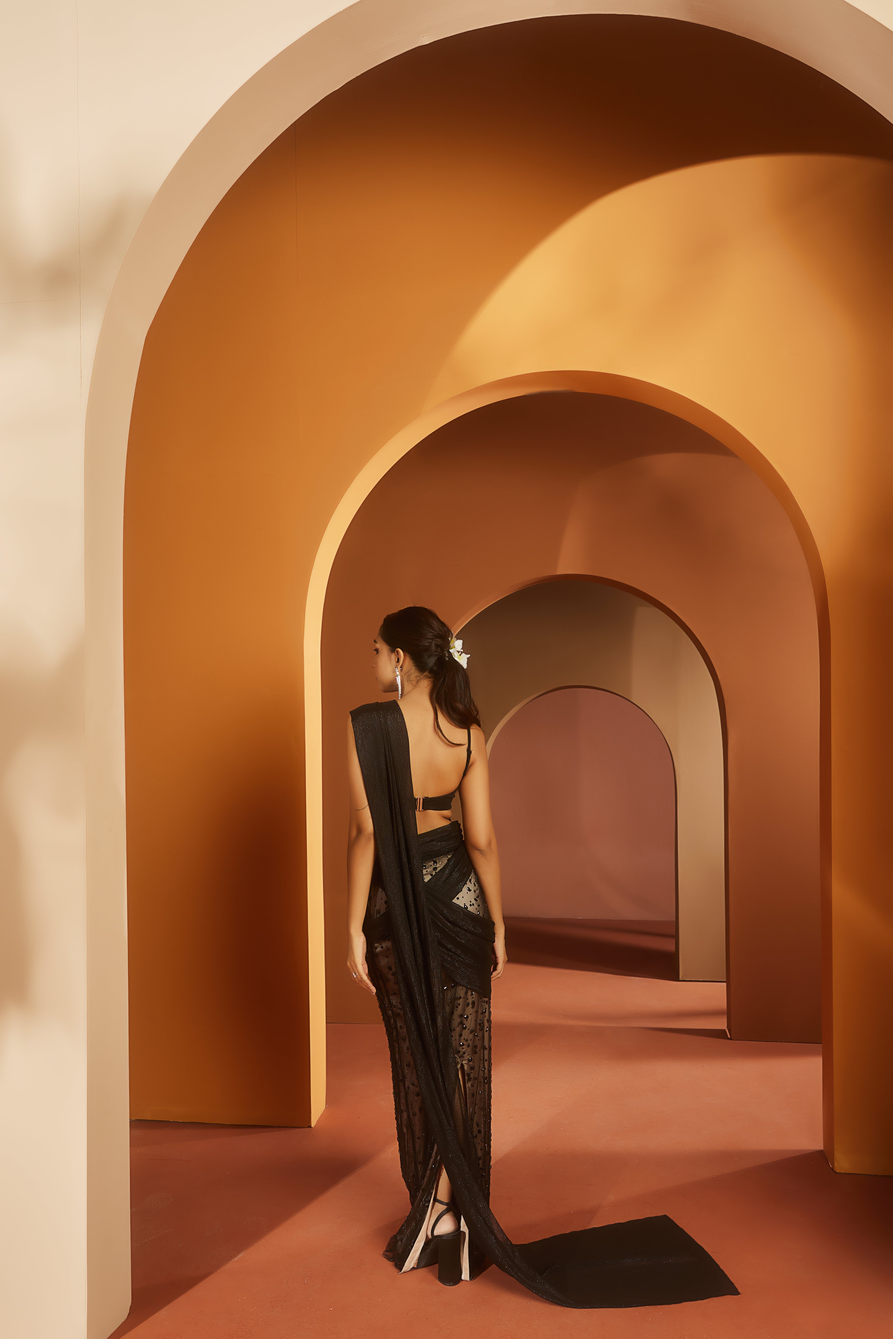 Black and Nude Embroidered Saree Set