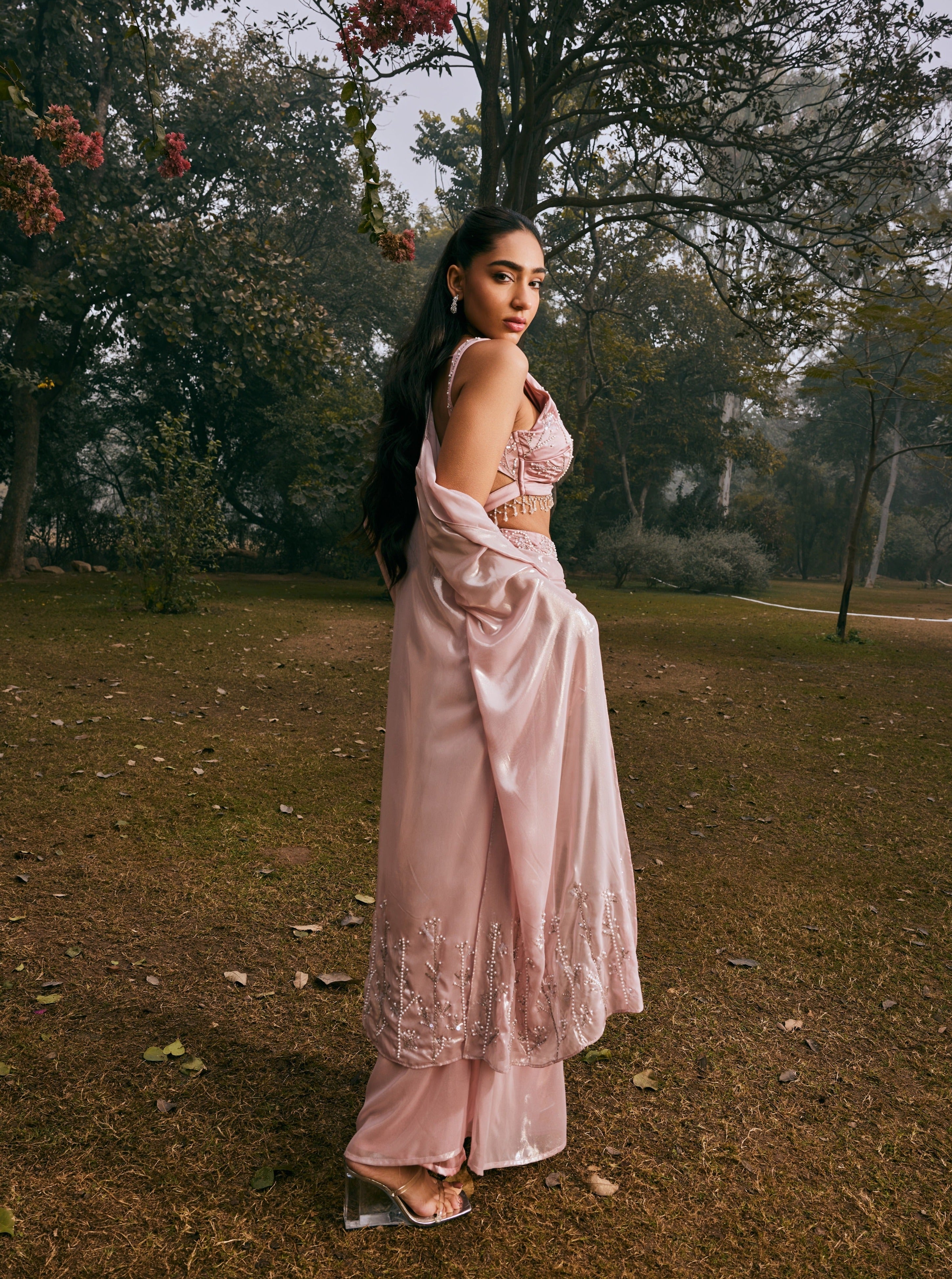 Buy Mauve Chiffon Hand Embroidered Coord Set
