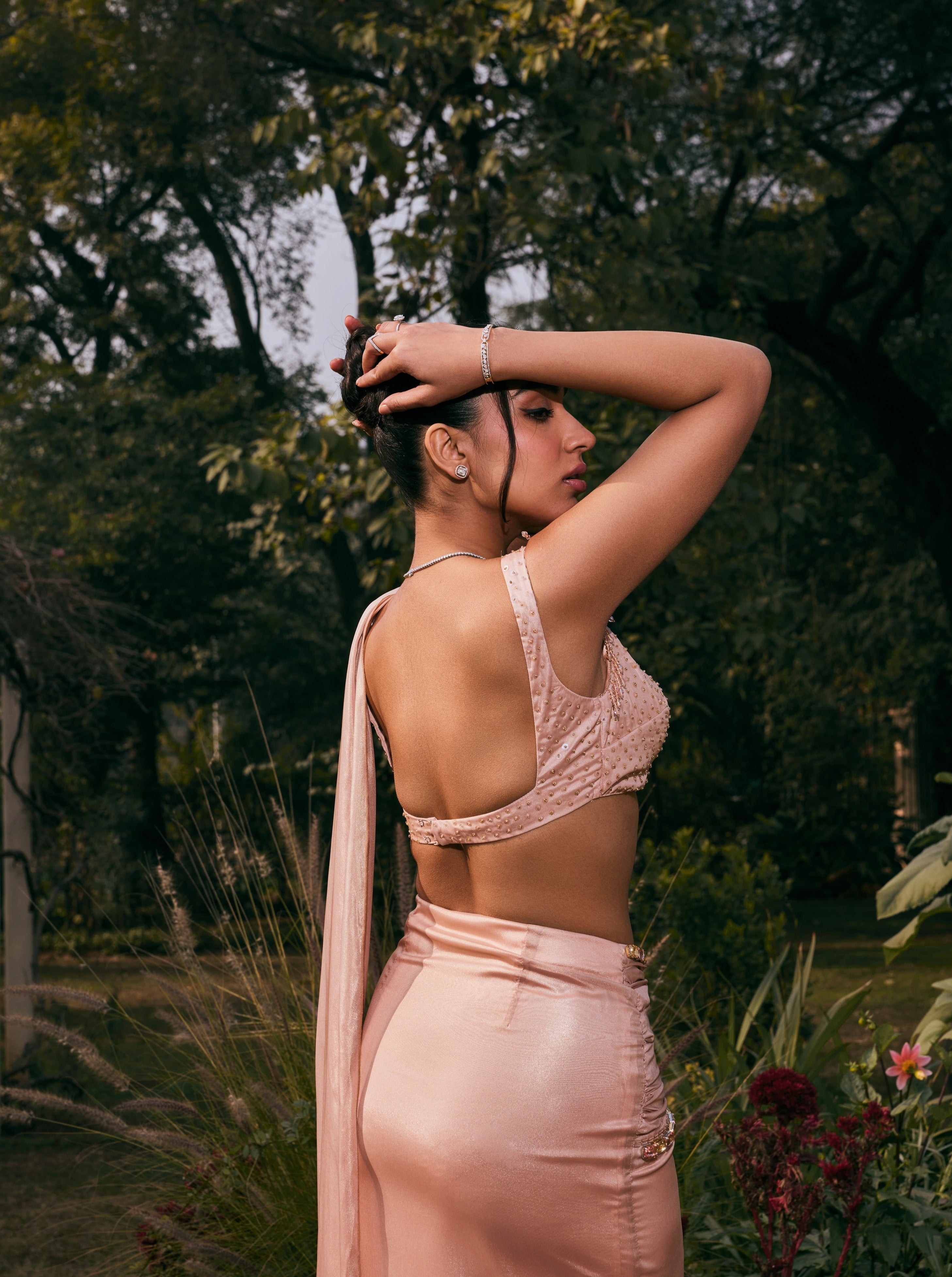Nude Shimmer Organza Pre- Draped Saree Set