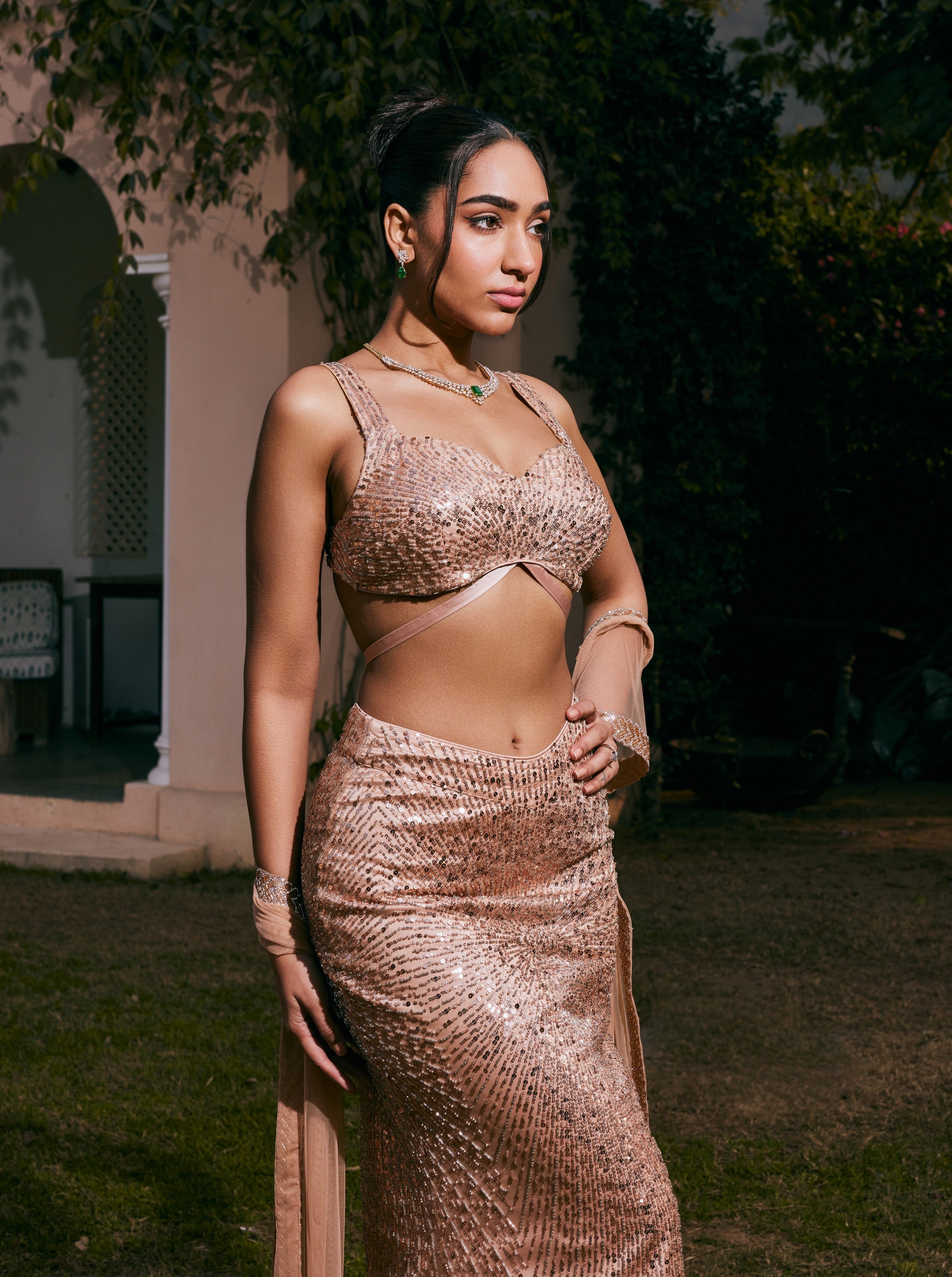 Buy Rose Gold Hand-Embroidered Mermaid Lehenga Set