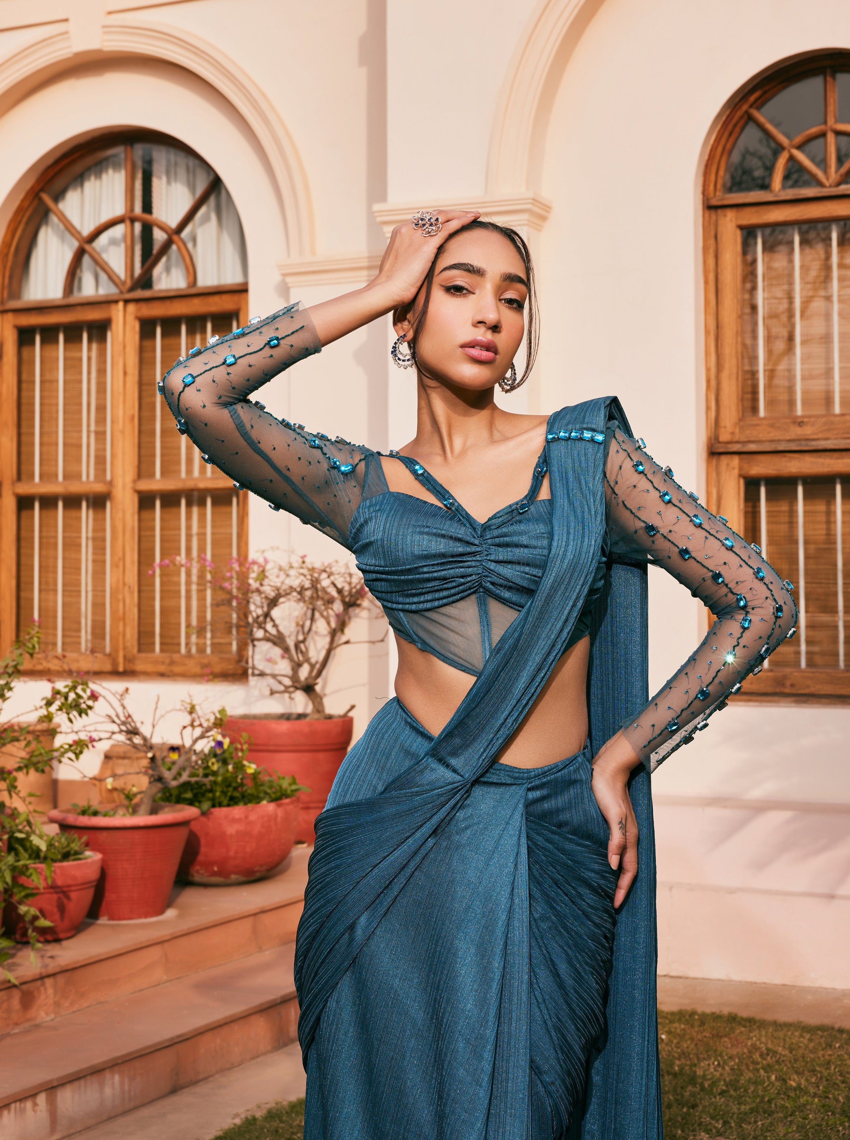 Teal Chiffon Pre- Draped Saree Set