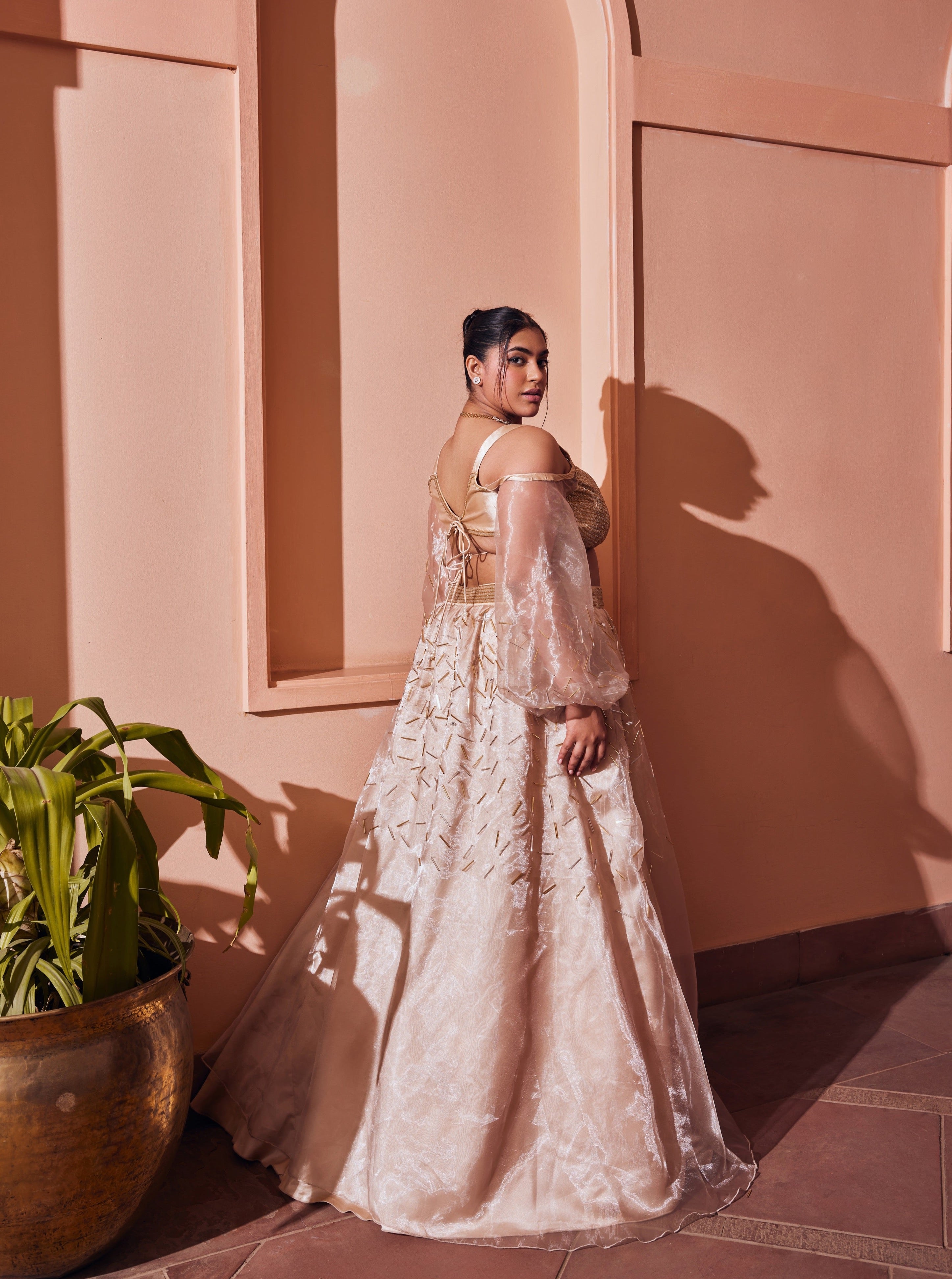 Buy Golden Satin Organza Lehenga Set Online