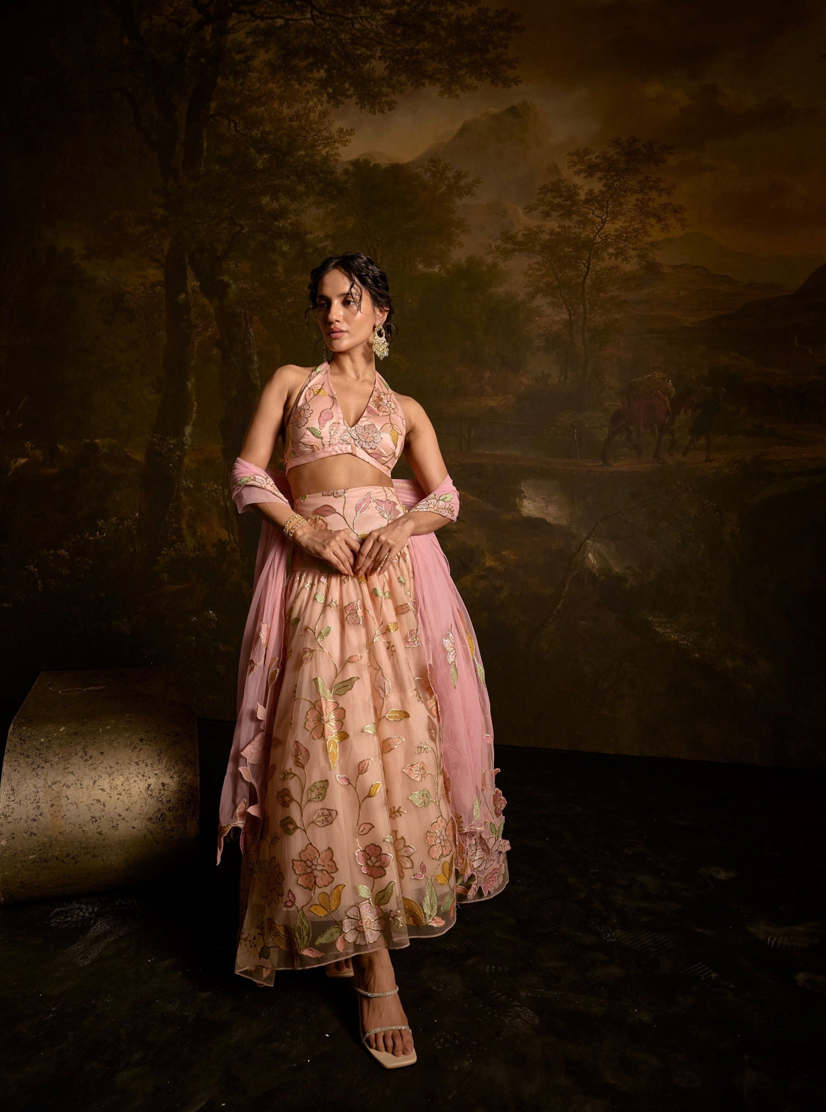 Adishri Peach Halter-Neck Embroidered Lehenga