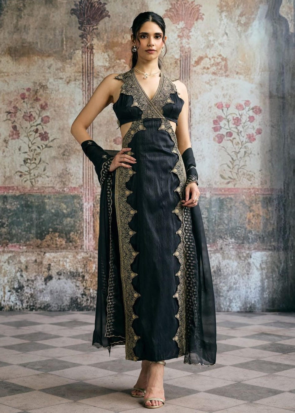 Kaia Black & Gold Silk Embroidered Kurta Set