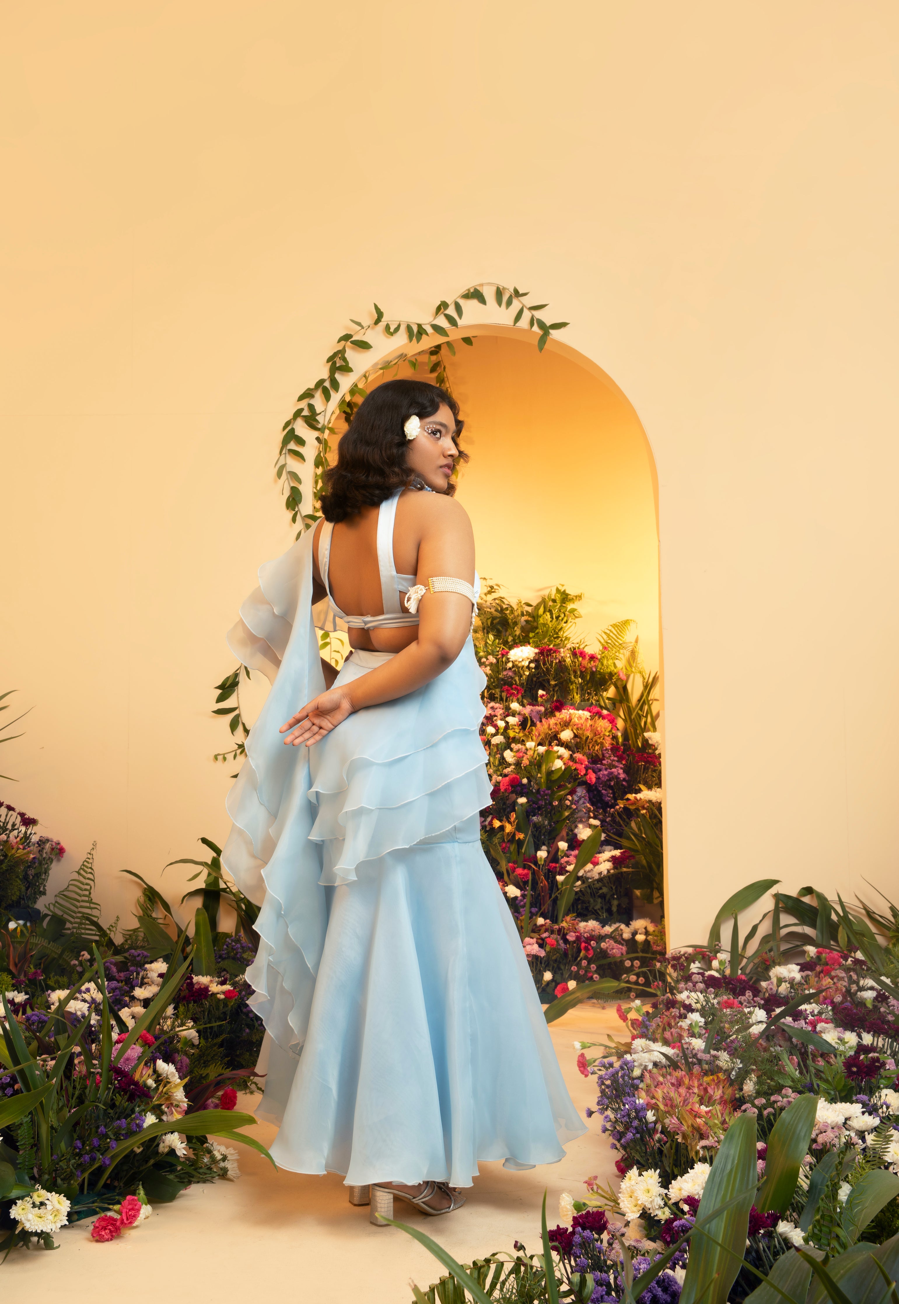 Aasira Baby Blue Ruffle Organza Pre-Stiched Saree