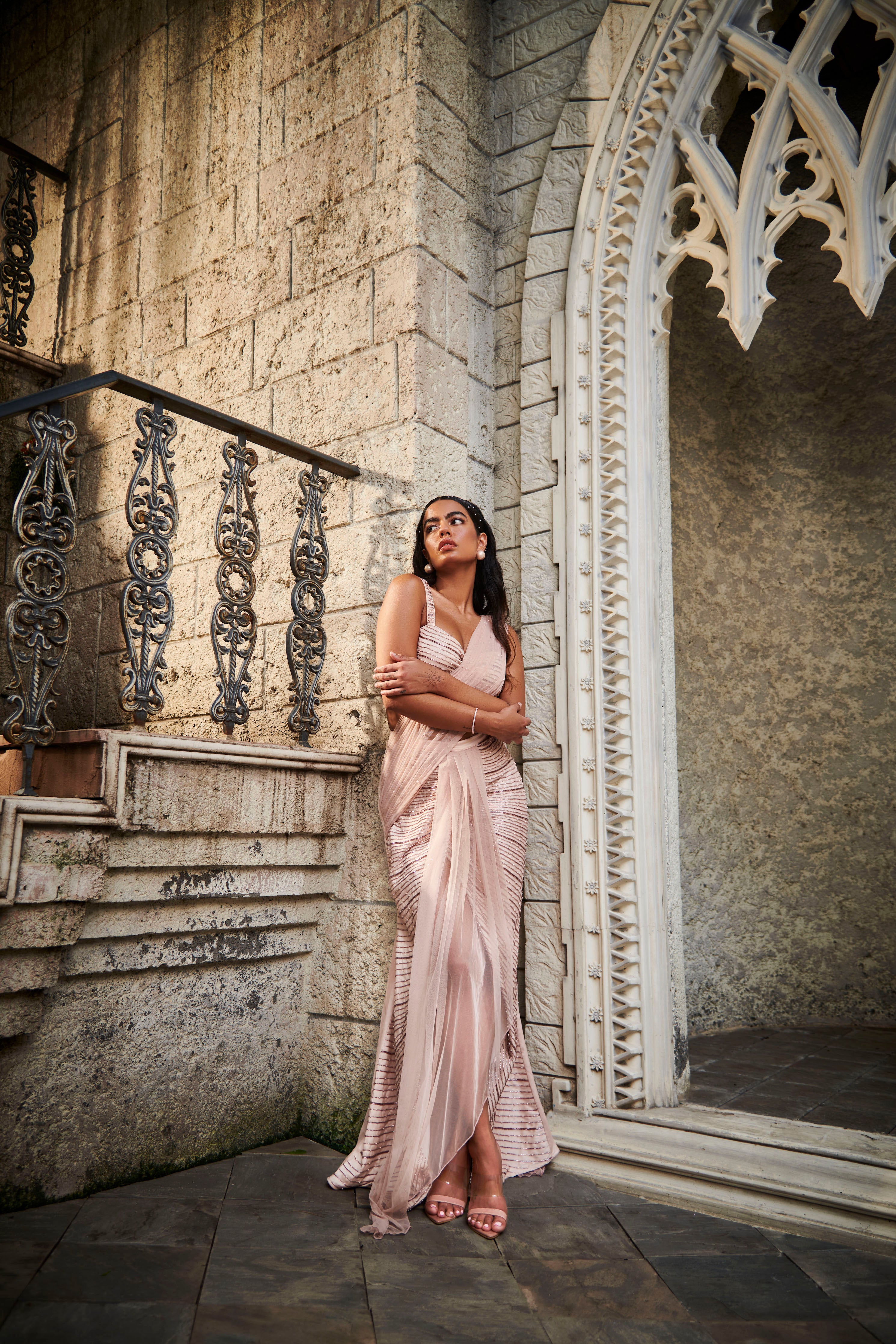 Arshia Blush Pink Hand-Embroidered Saree Set