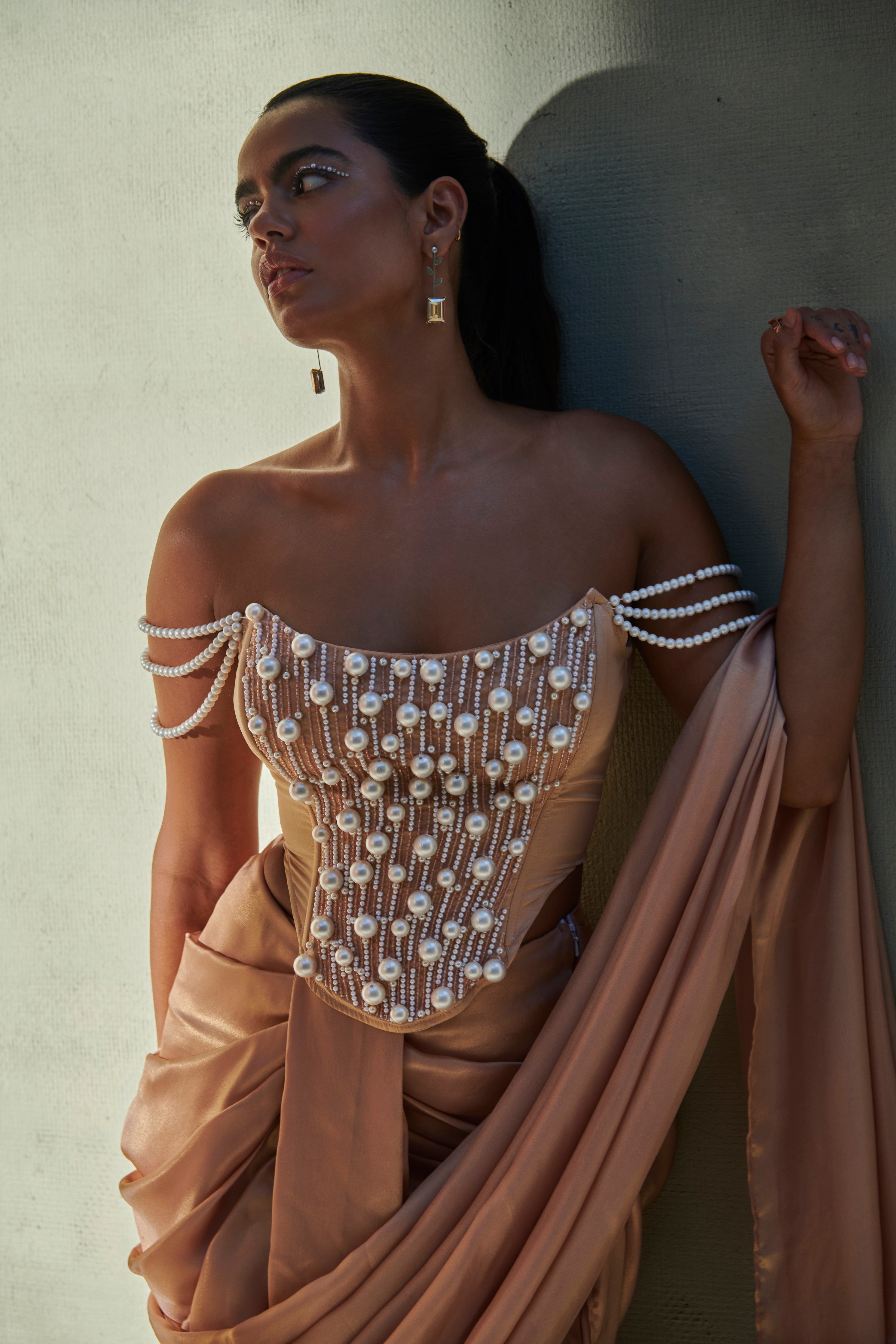 Zaina Rose Gold Metallic Georgette Draped Saree