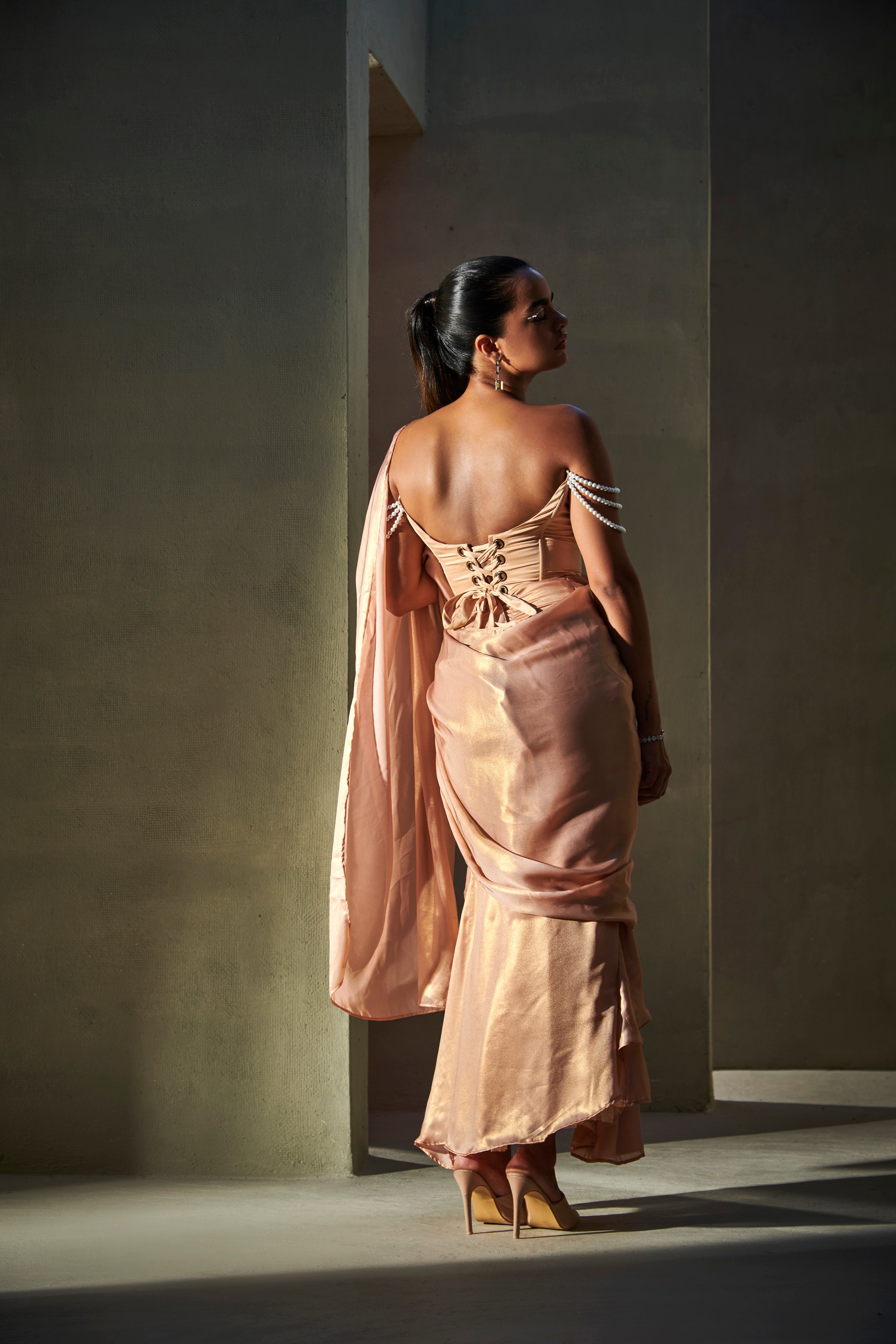 Zaina Rose Gold Metallic Georgette Draped Saree