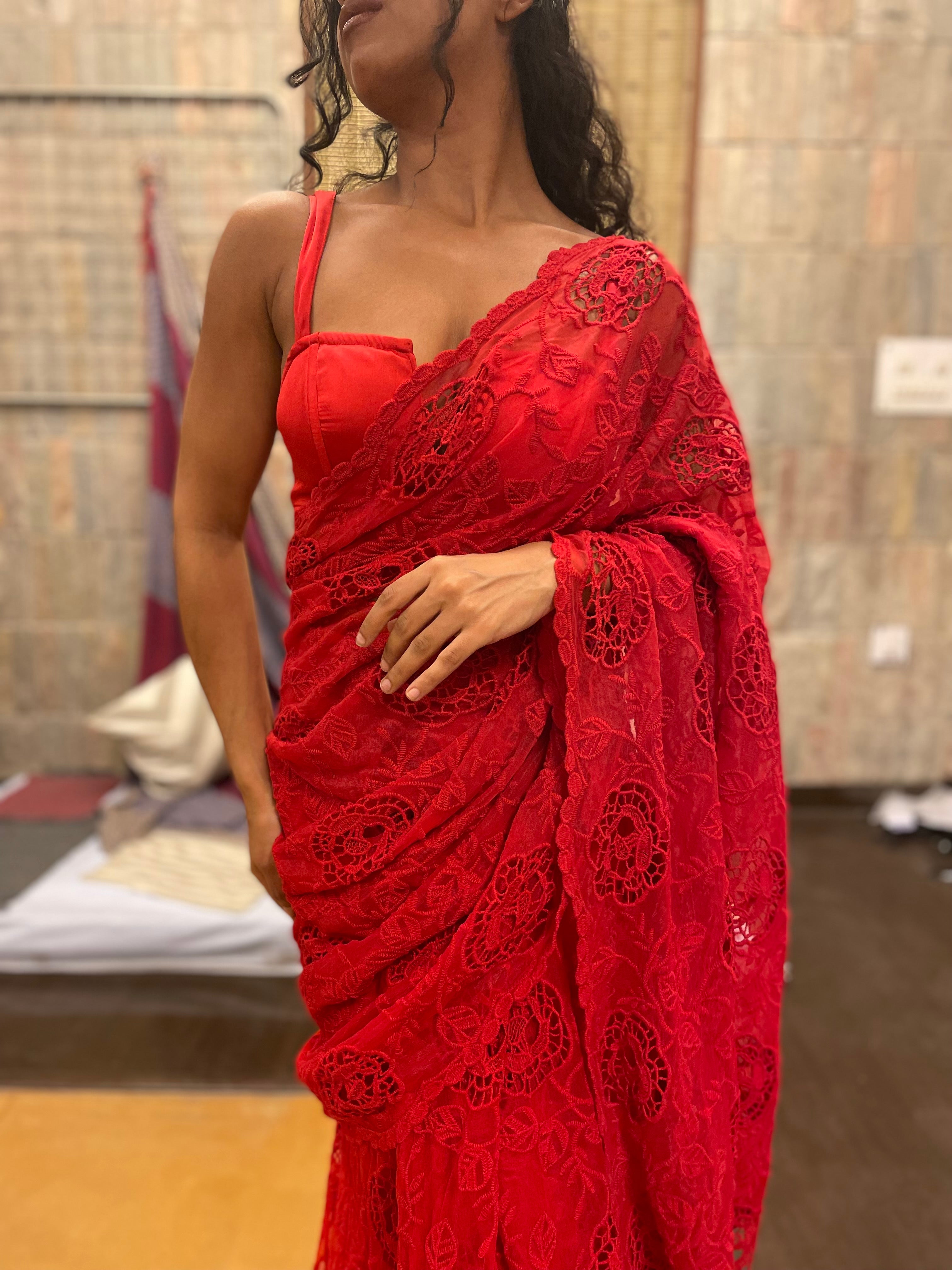 Aiza Red Floral Embroidered Pre-Stitched Saree