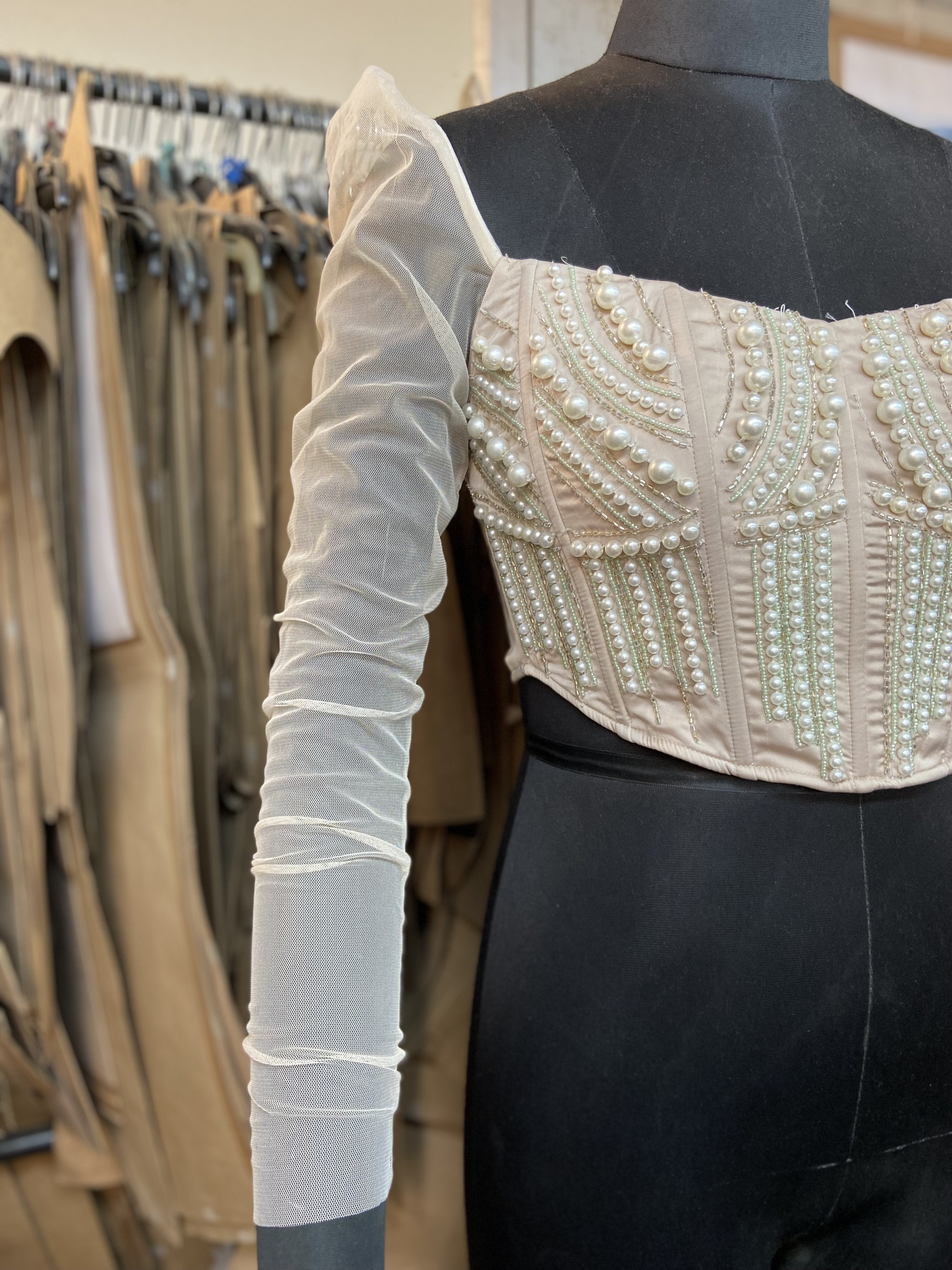 Leila Long Mesh Sleeve Hand Embroidered Corset Blouse