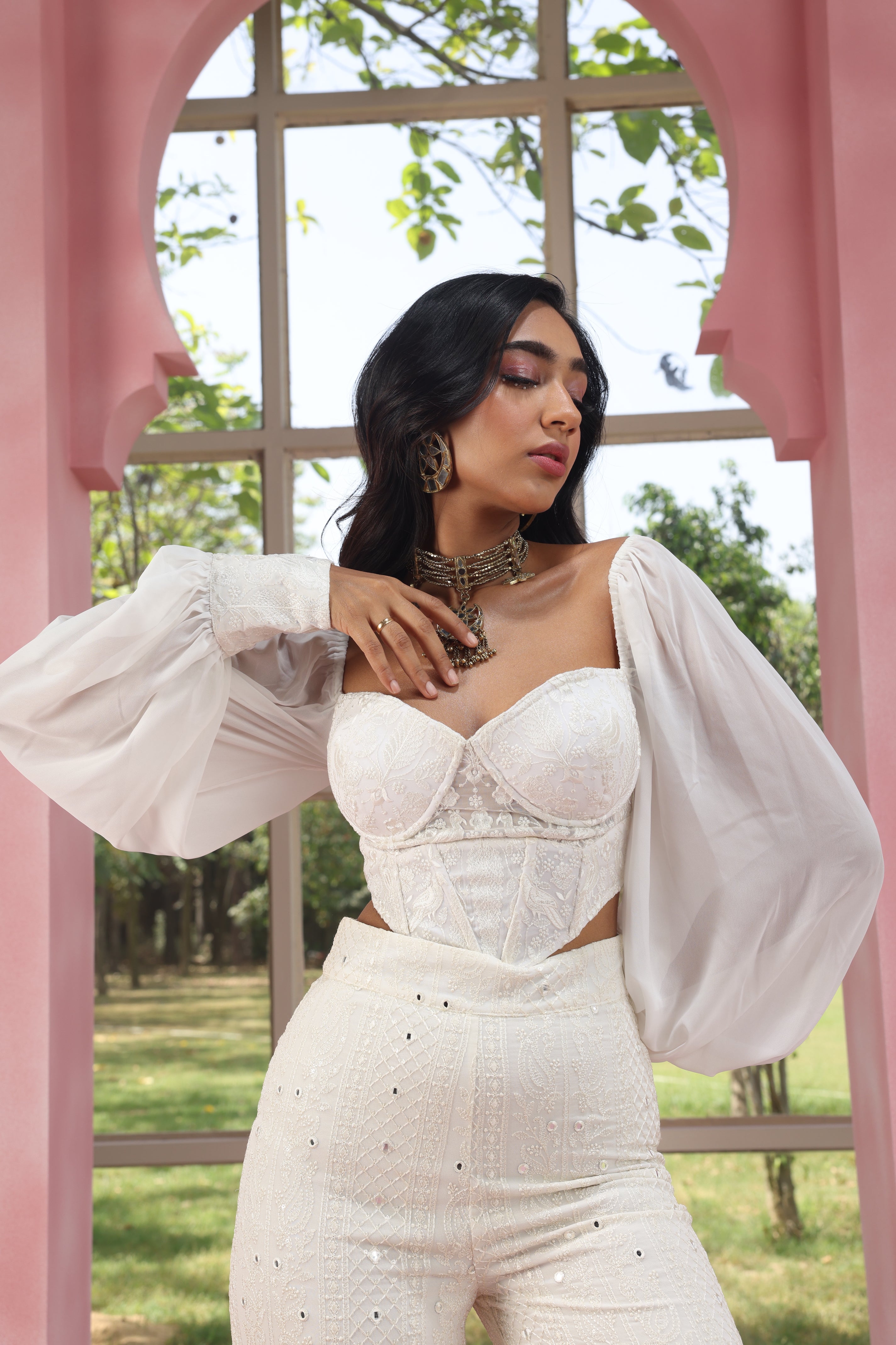 Ruhiya White Embroidered Georgette Corset Top
