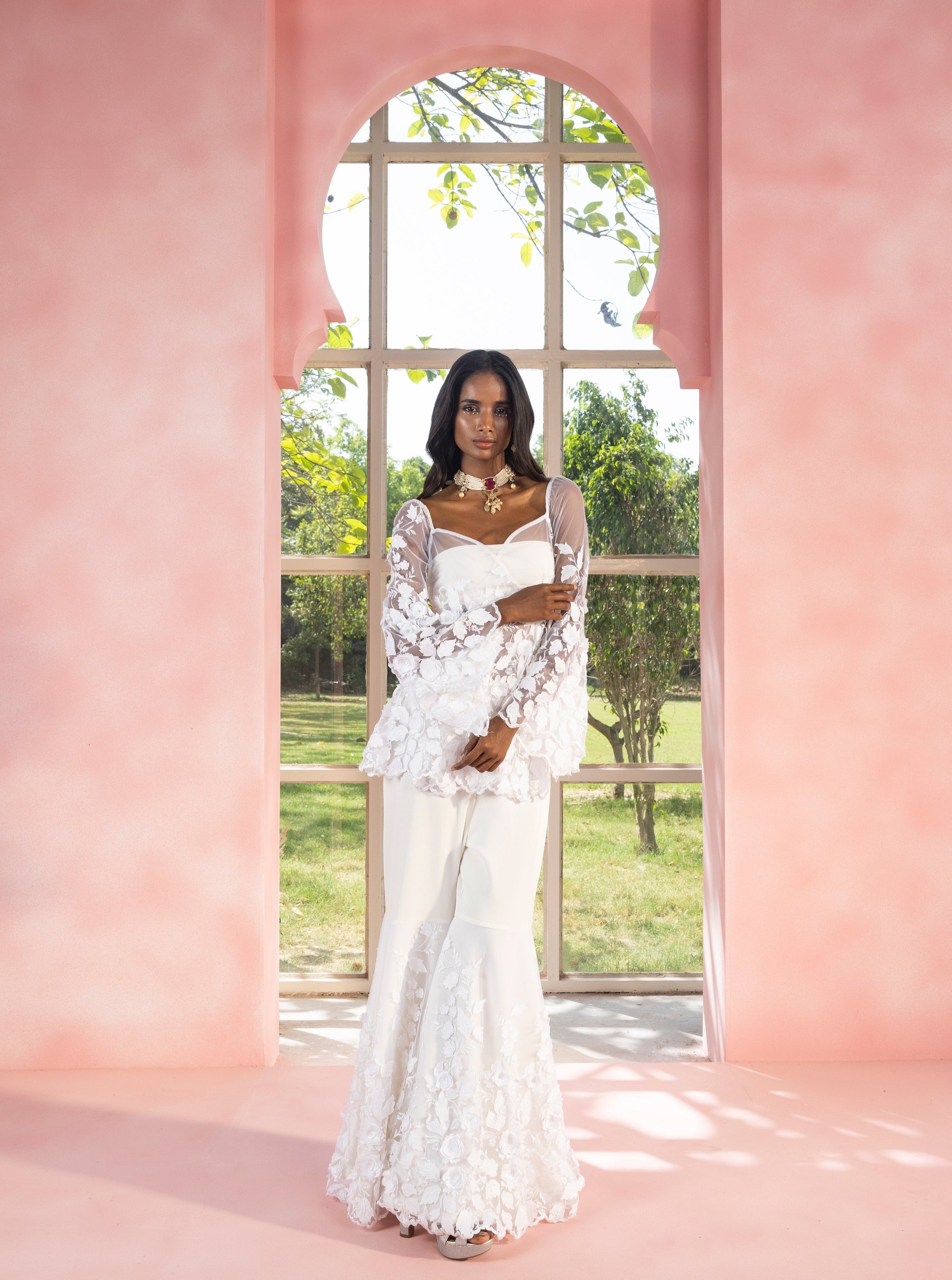 Aasiyah and Allami White 3-D Floral Sharara Set