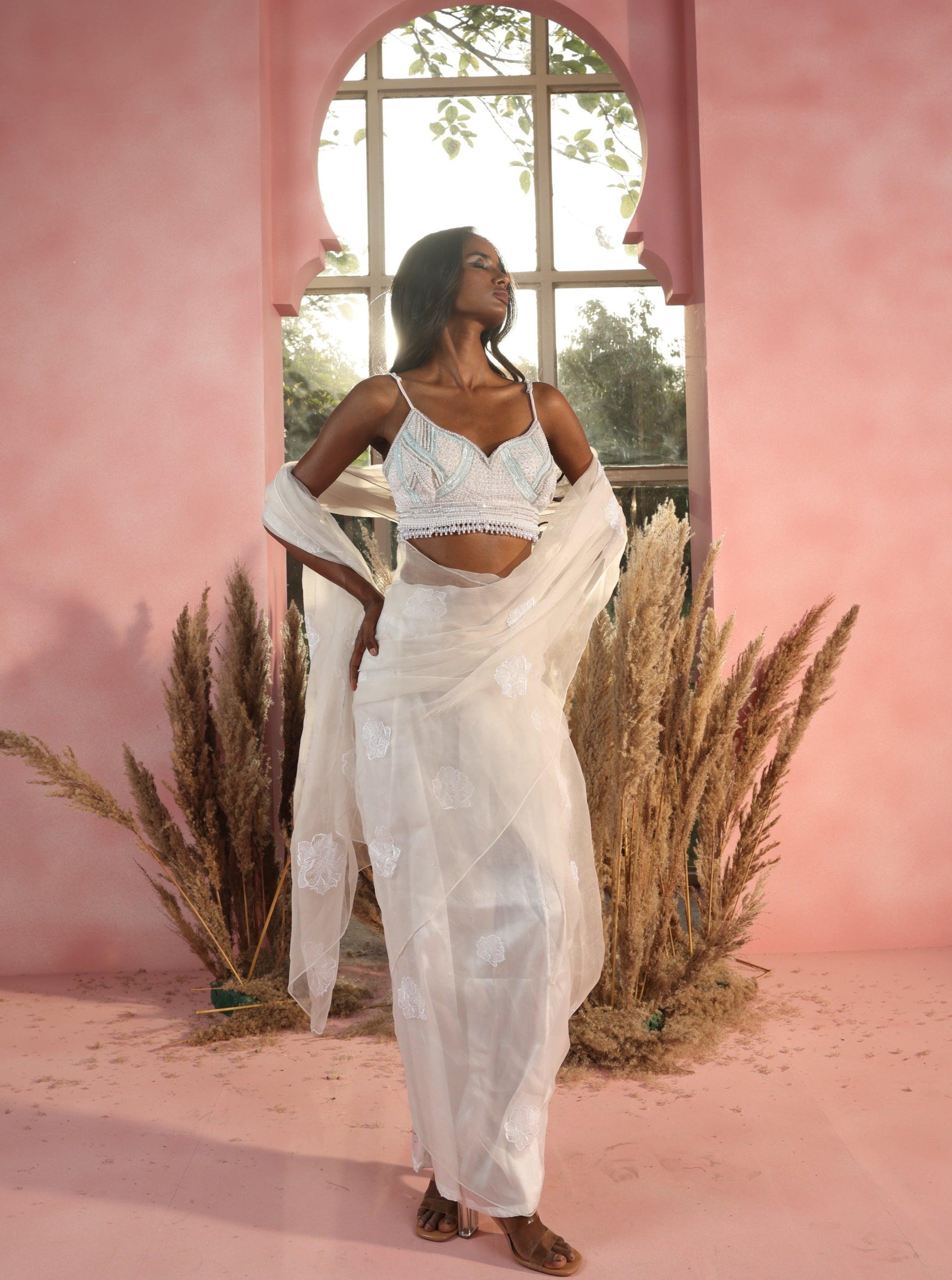 Aarna White Embroidered Organza Pre-Stitched Saree