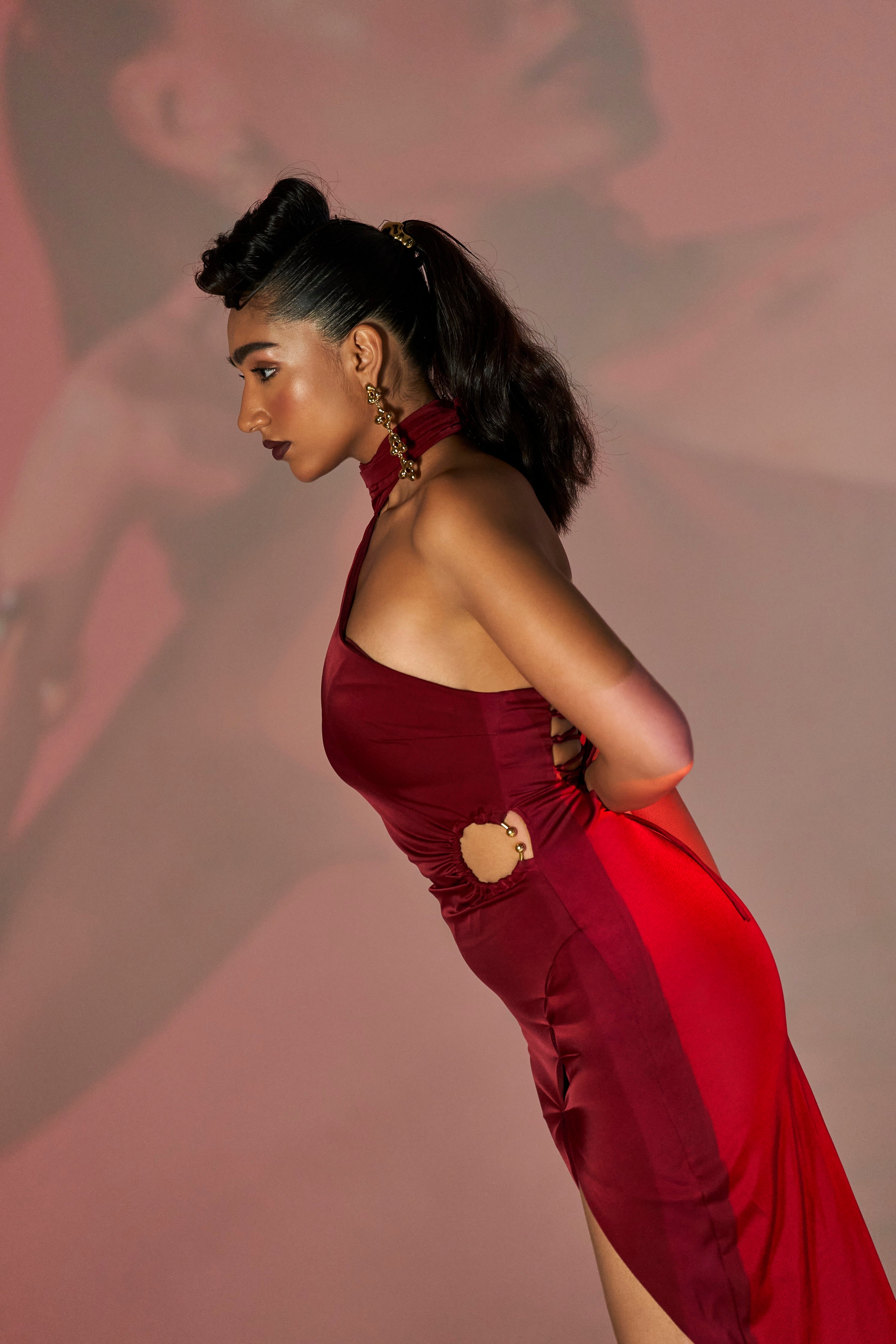 Roux Burgundy Stretch Satin Asymmetrical Cutout Dress