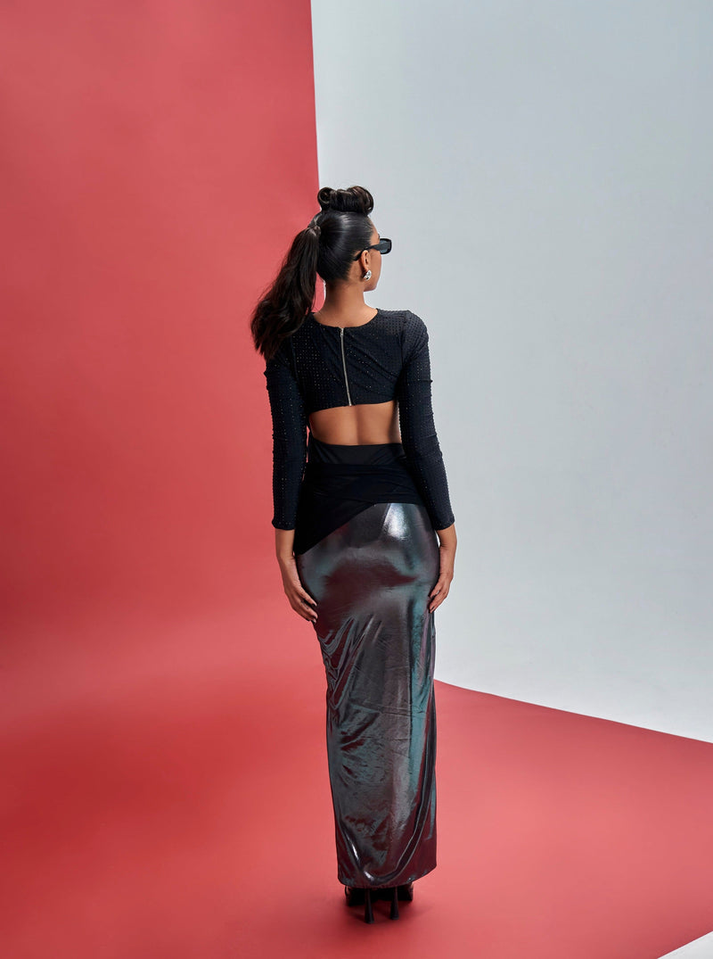 Namiko Black Cutout Hot Fix Rhinestone Top and Metallic Spandex Skirt Set