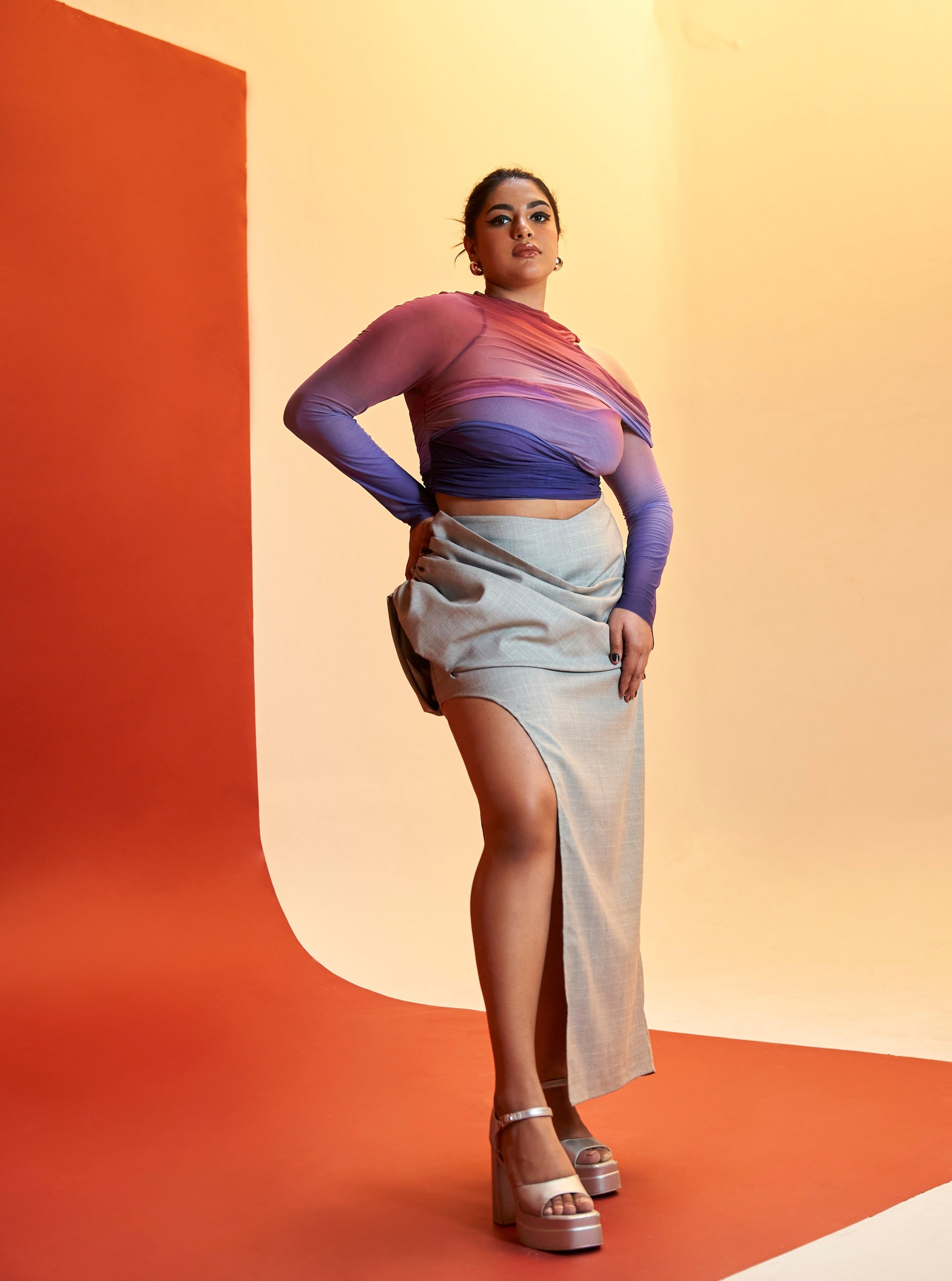 Shelby Ombré Ruched Power Mesh Crop Top and Draped Midi Skirt Set