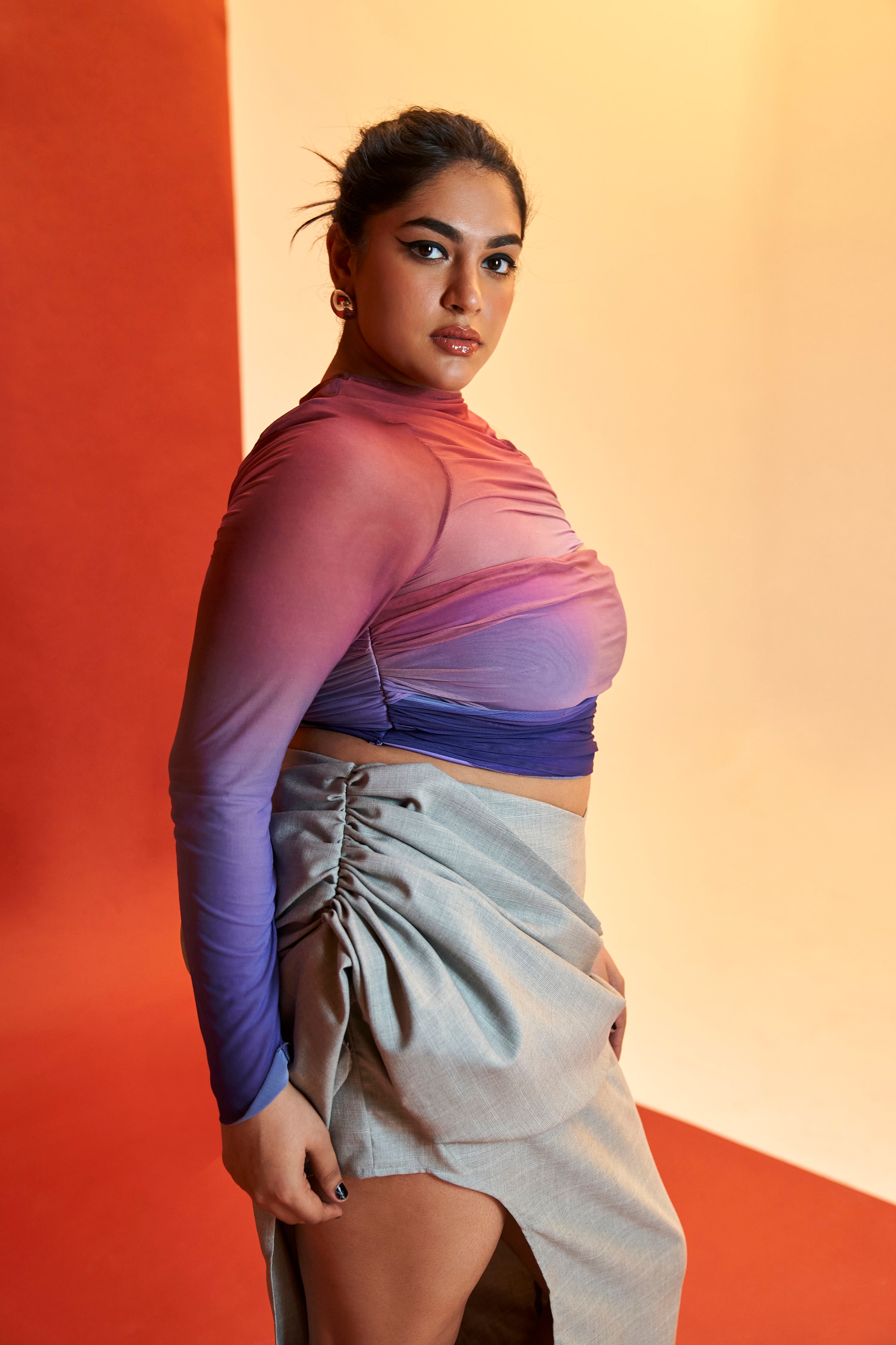 Shelby Ombré Ruched Power Mesh Crop Top and Draped Midi Skirt Set