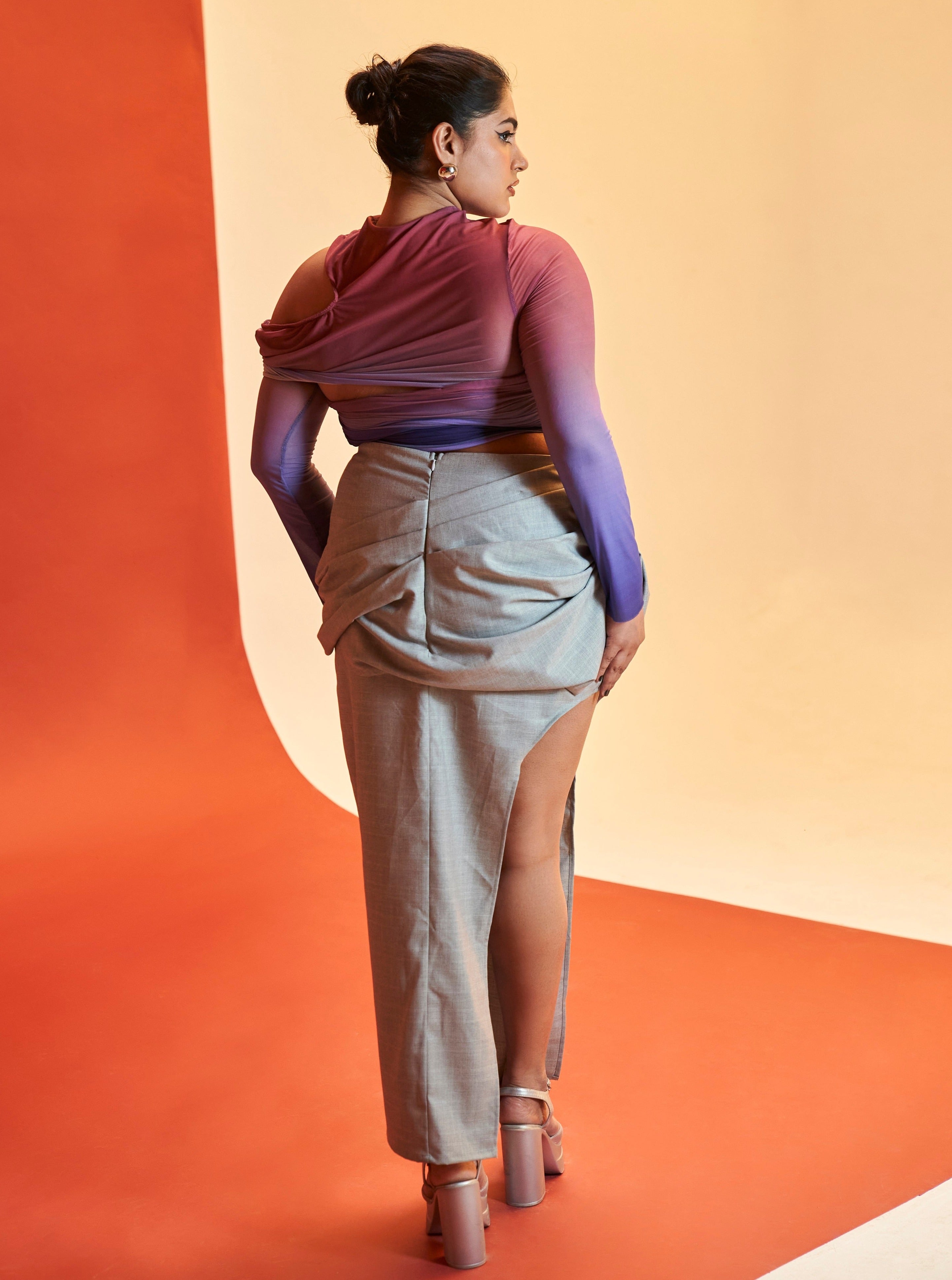 Shelby Ombré Ruched Power Mesh Crop Top and Draped Midi Skirt Set