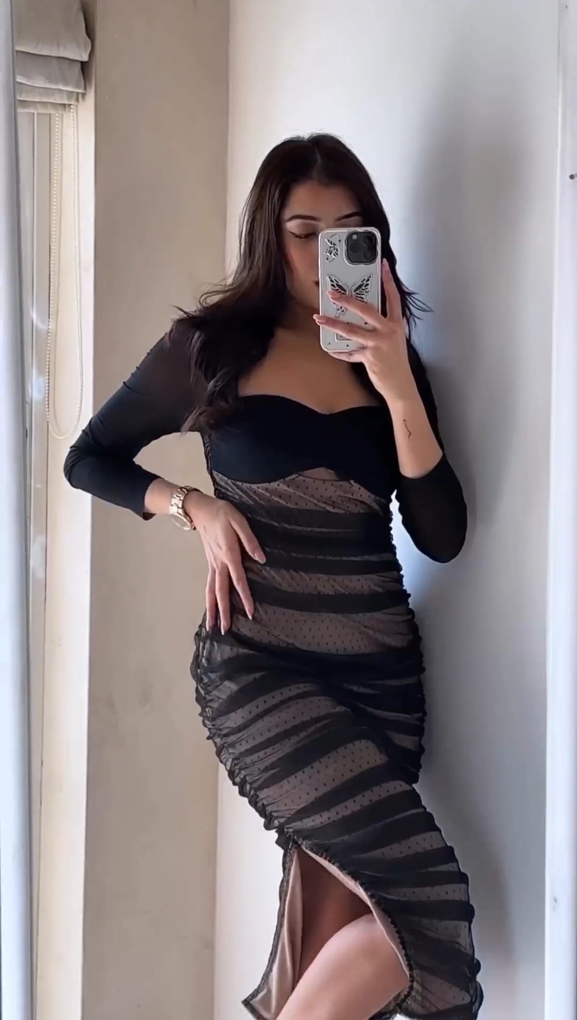 Zorina Black and Nude Ruched Mesh Bodycon Dress