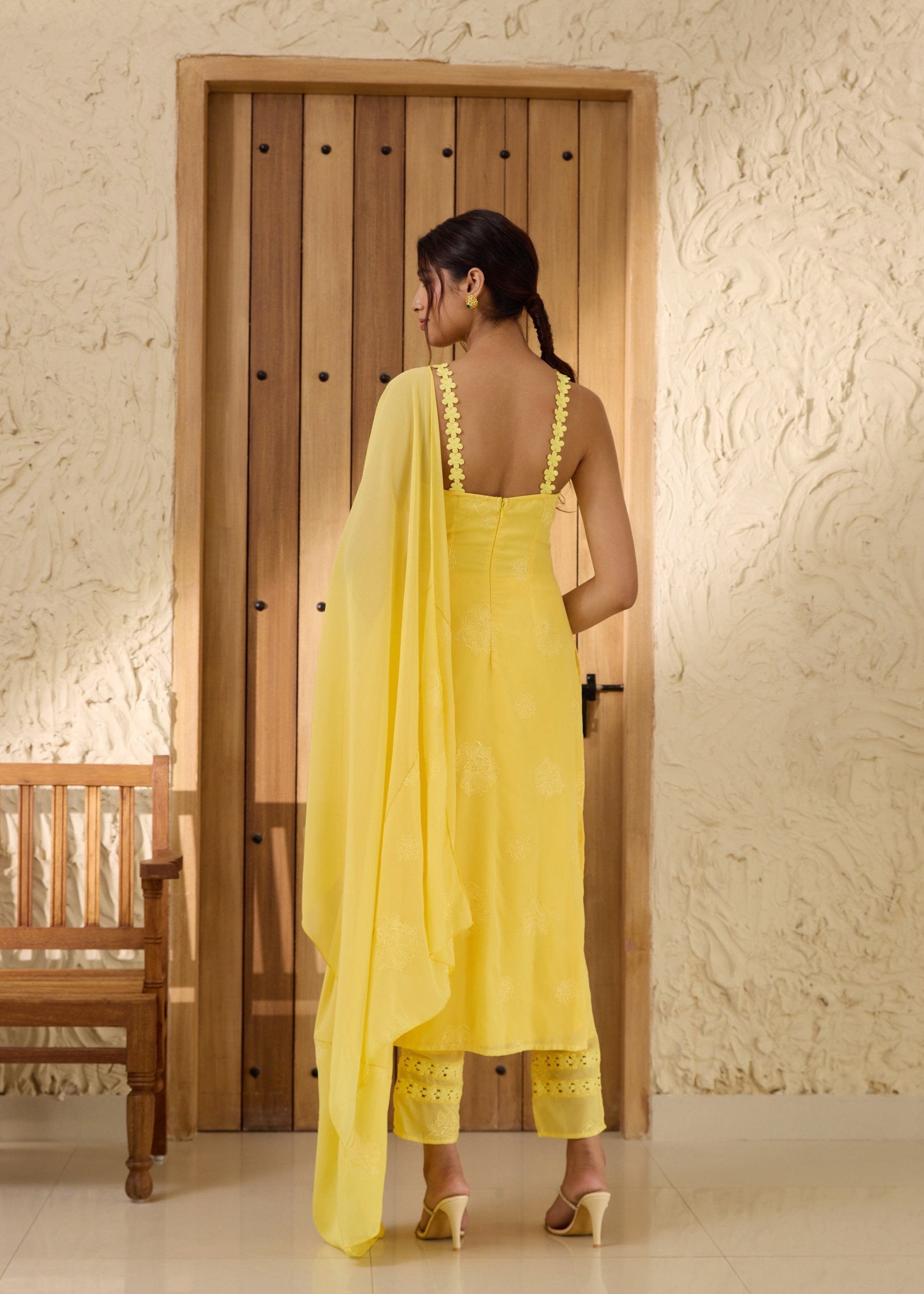 Aarya Yellow Embroidered Georgette Kurta Set with intricate floral embroidery and matching pants