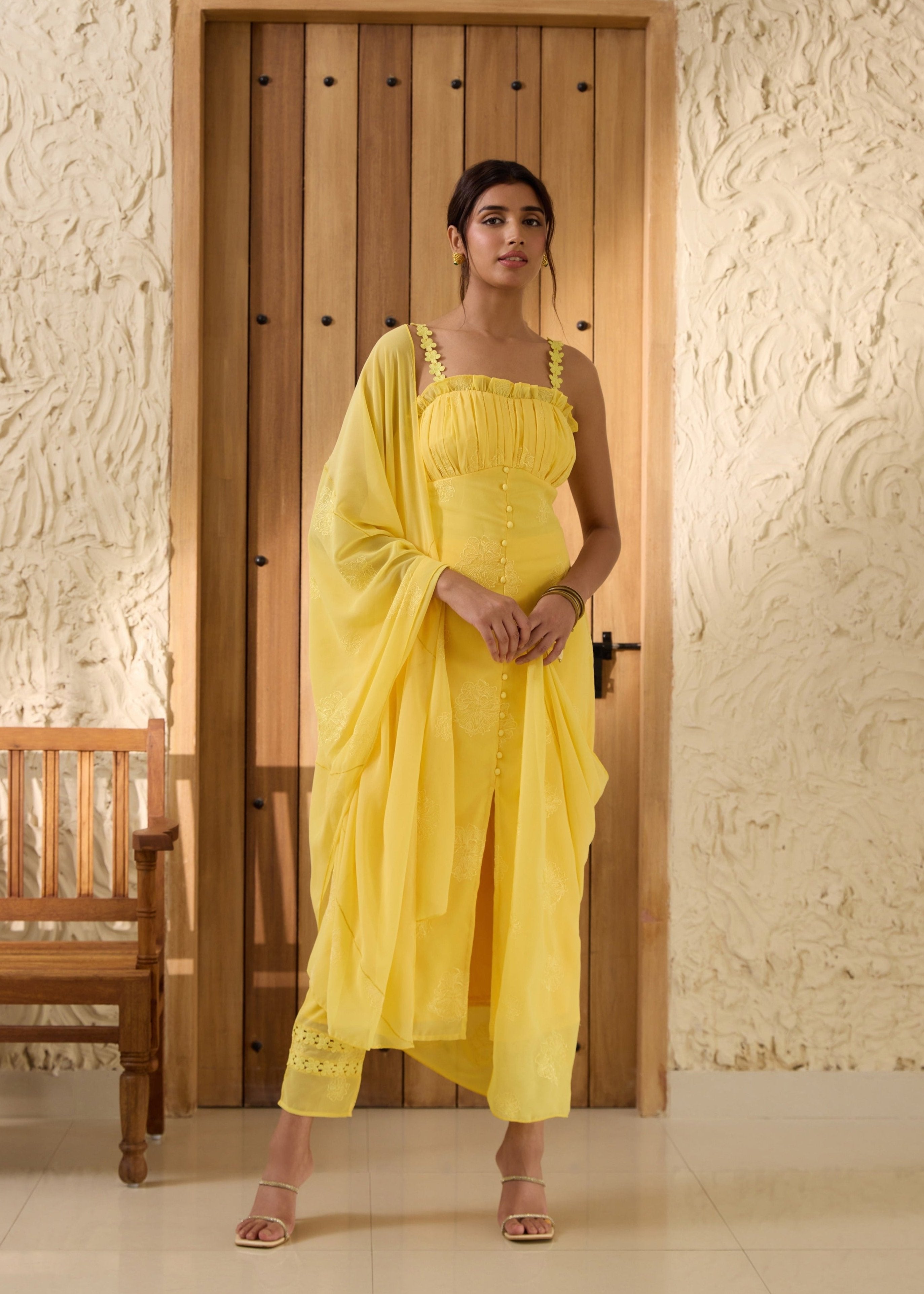 Aarya Yellow Embroidered Georgette Kurta Set with intricate floral embroidery and matching pants